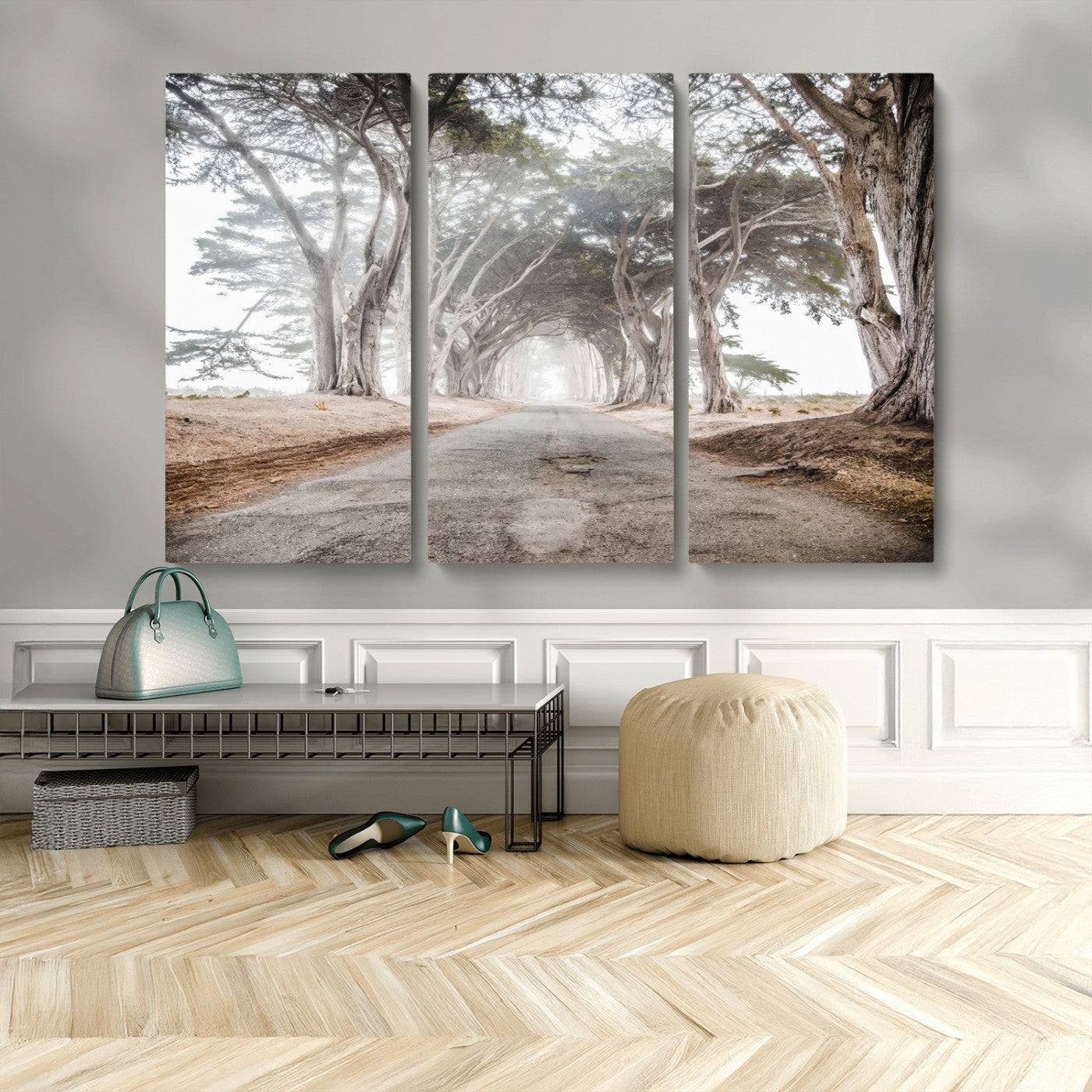 87090469-MGV-CV-48X32-3P-Cypress Tunnel Wall Art – Framed Misty Road Canvas Artwork, Foggy Trees Design, Rustic Woodland Nature Decor for Home, Office