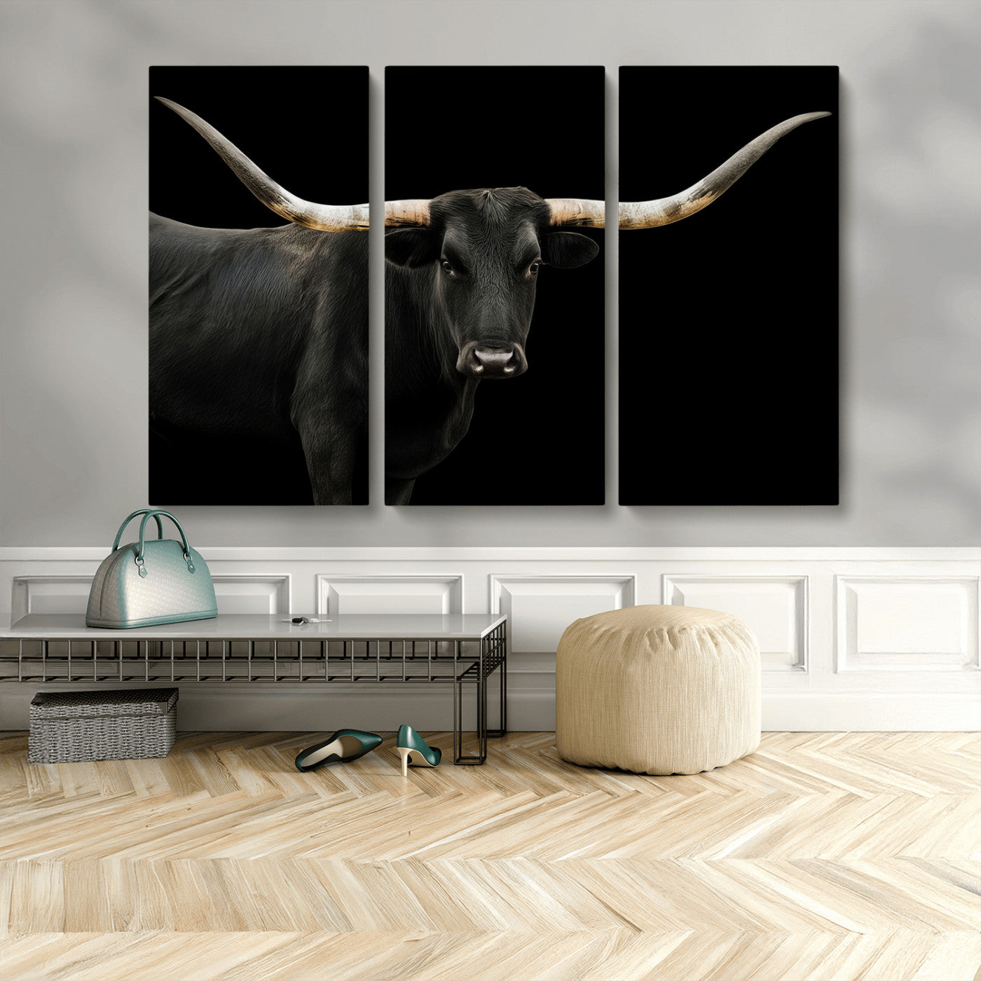 99448328-MGV-CV-36X24-Longhorn Cattle Wall Art Canvas Print – Framed Texas Ranch Scene with Western Cow Artwork for Home, Office, Living Room