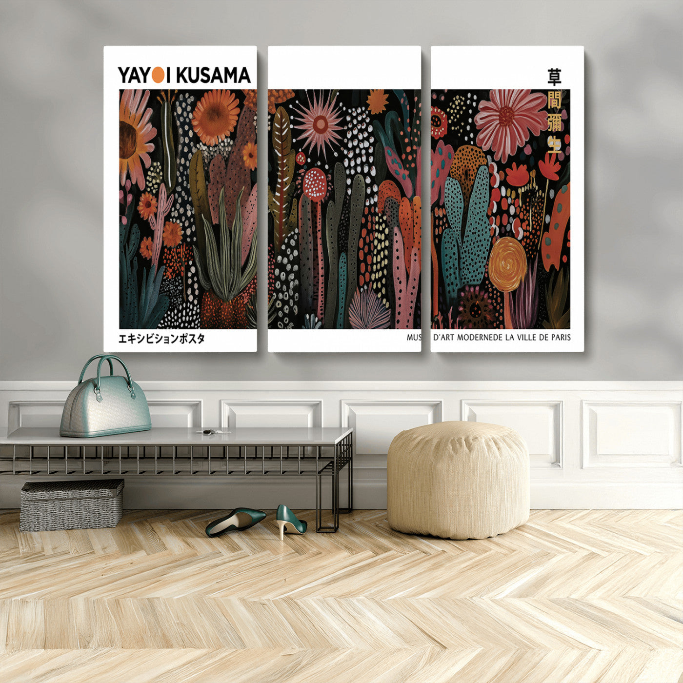 70632622-MGV-CV-36X24-Modern Japanese Wall Art Canvas Print – Framed Abstract Mount Fuji Scene with Yayoi Kusama Artwork for Home, Office