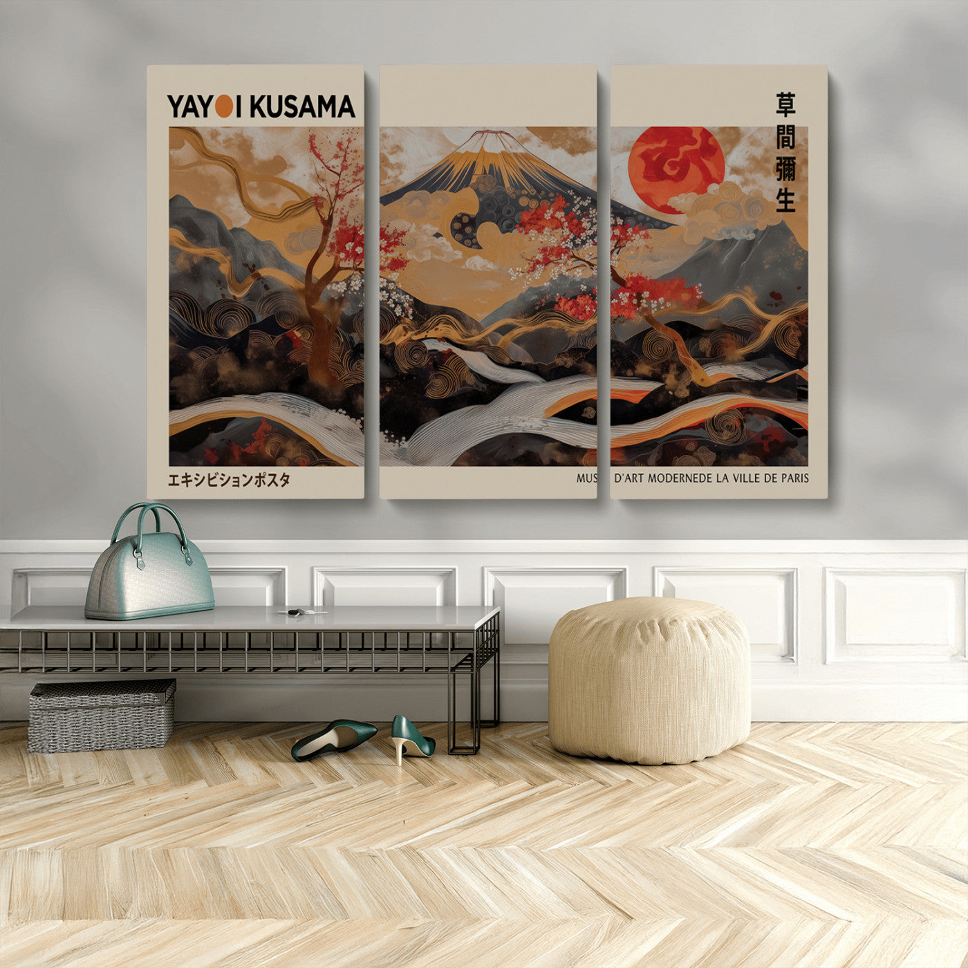 77970791-MGV-CV-36X24-Modern Japanese Wall Art Canvas Print – Framed Abstract Mount Fuji Scene with Yayoi Kusama Artwork for Home, Office
