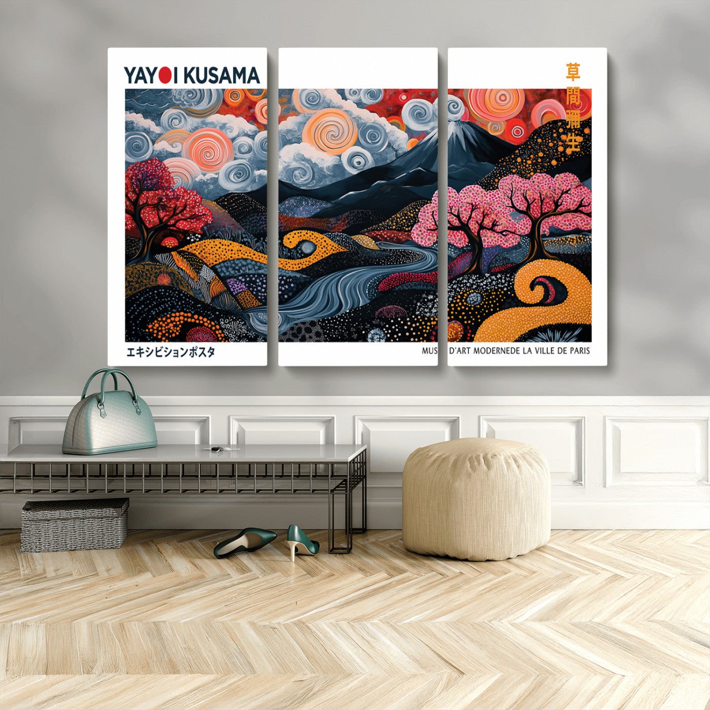 43879290-MGV-CV-48X32-3P-Modern Japanese Wall Art Print Yayoi Kusama Canvas Wall Art Abstract Mount Fuji Canvas Print