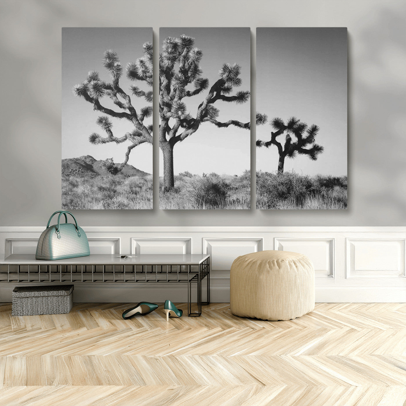 93692513-MGV-CV-48X32-3P-Joshua Tree Wall Art Canvas Print – Framed Monochrome Desert Minimalist Nature Scene Southwestern Artwork for Home Office