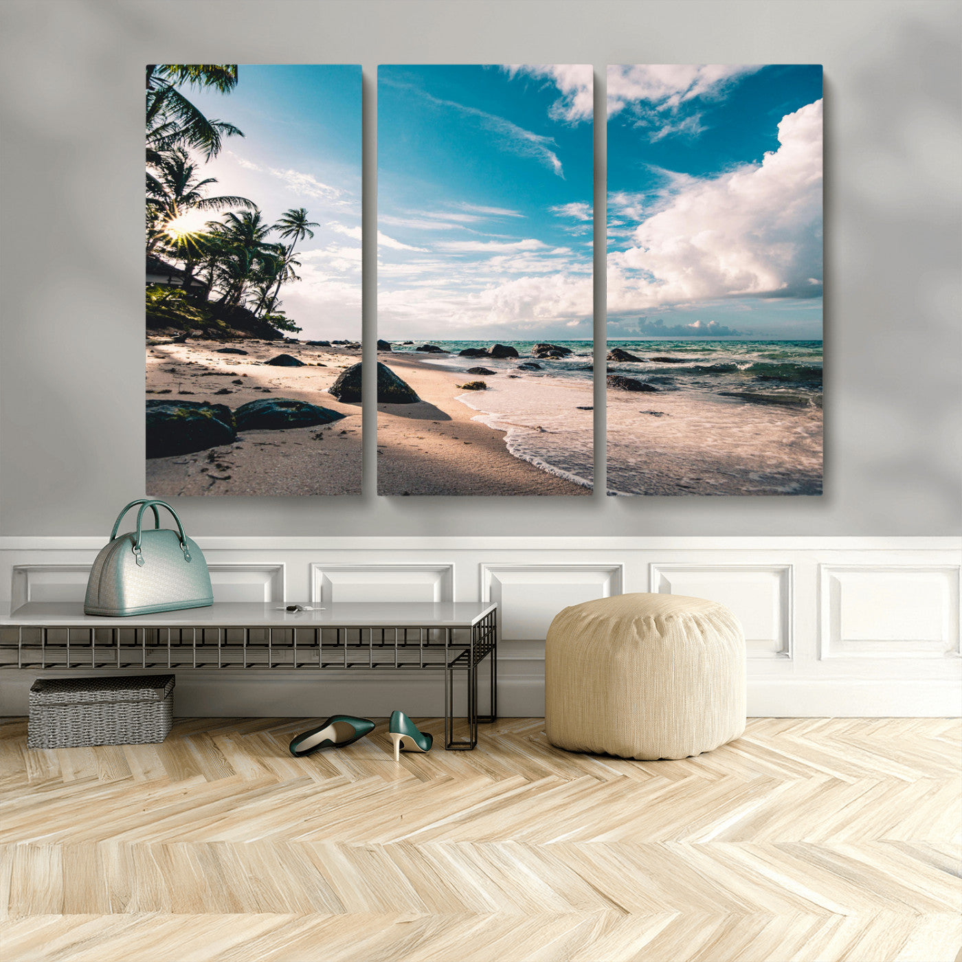 95301406-MGV-CV-48X32-3P-Tropical Beach Wall Art Canvas Print – Framed Ocean Waves Relaxing Seascape Coastal Nature Scene Artwork for Home Office