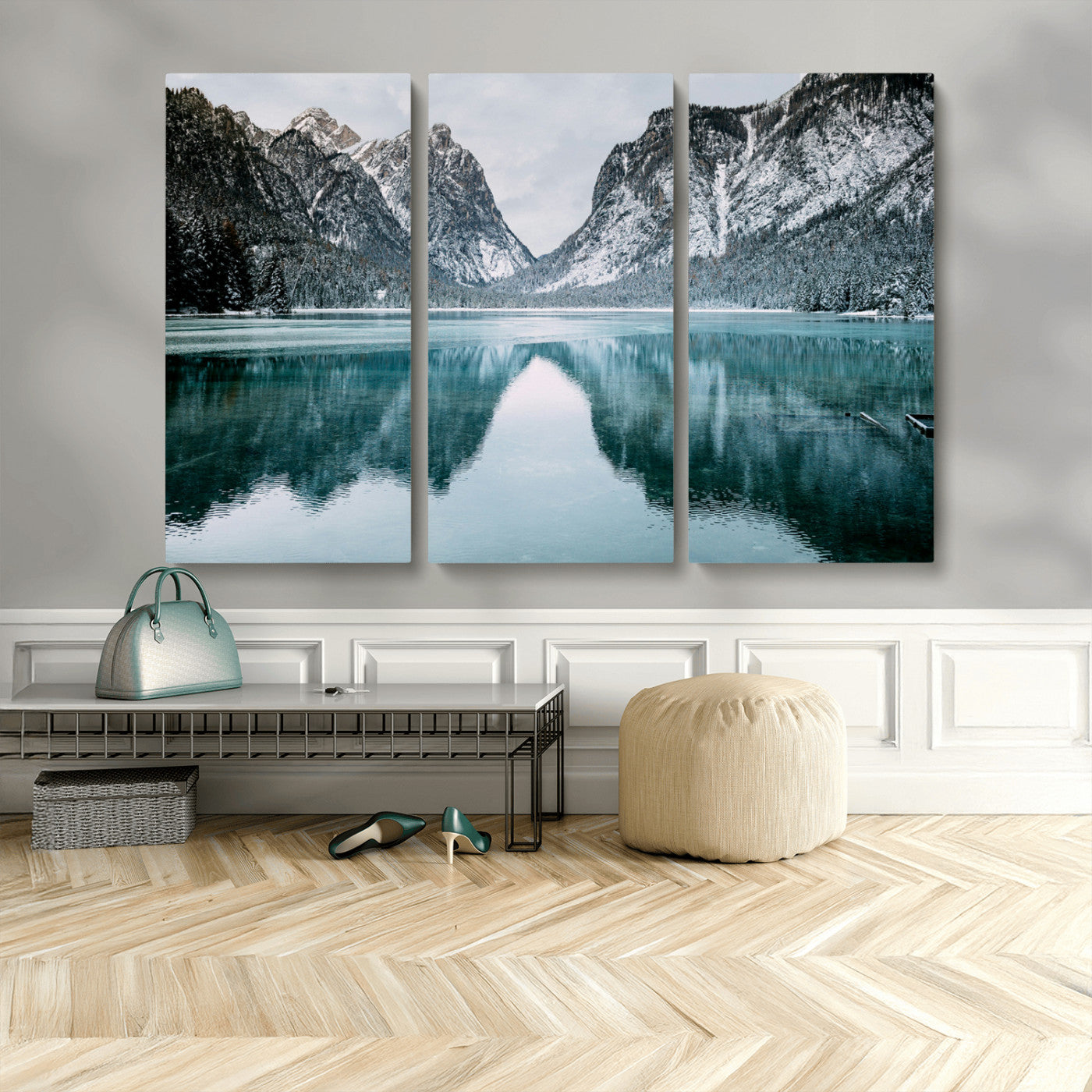 73098373-MGV-CV-36X24-Mountain Lake Wall Art Canvas Print – Framed Snowy Peaks Wonderland Nature Scene Artwork for Home Office