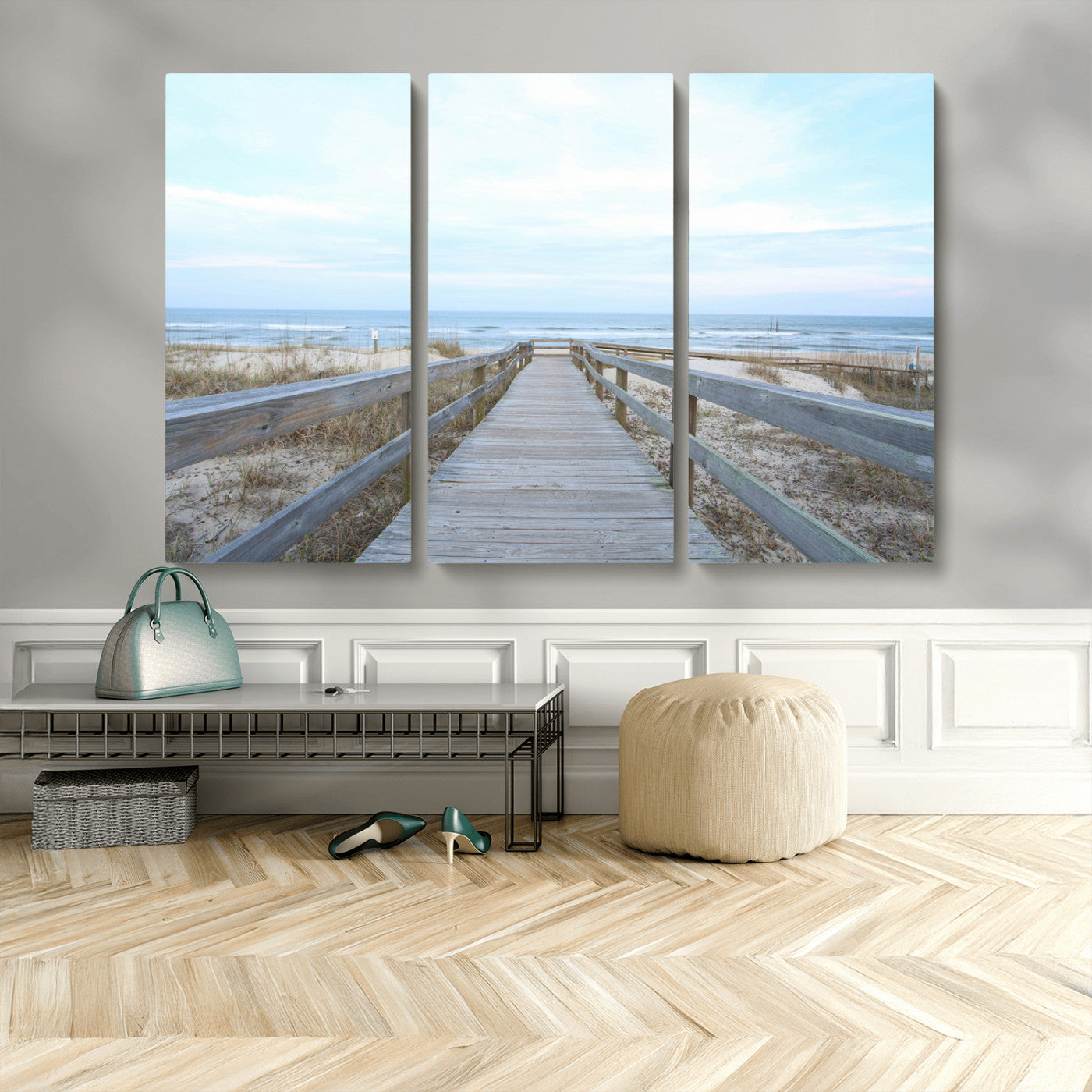 31602988-MGV-CV-48X32-3P-Beach Boardwalk Wall Art Canvas Print – Framed Coastal Serenity Ocean View Nature Scene Artwork for Home Office
