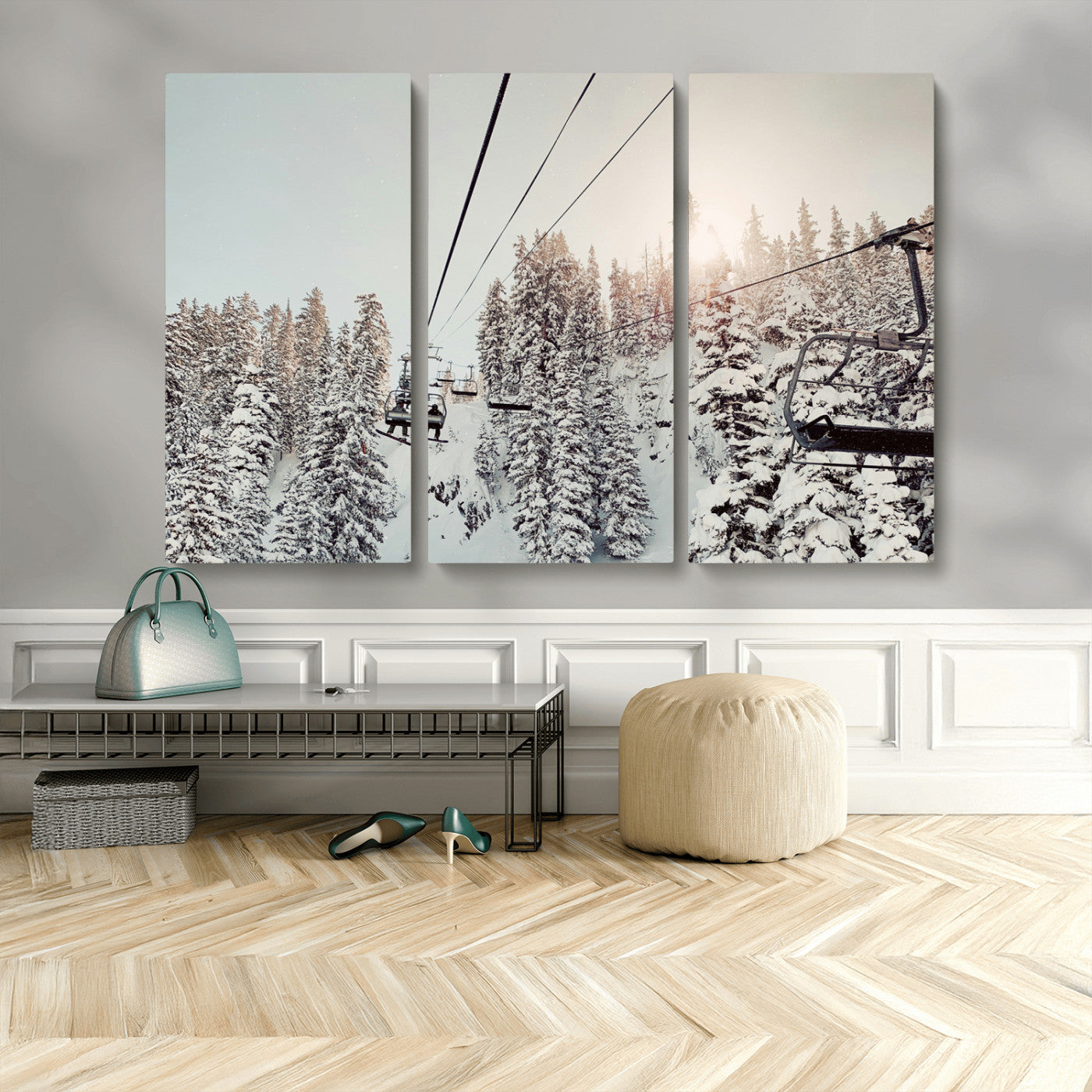 91534512-MGV-CV-36X24-Frosty Pines Wall Art Canvas Print – Framed Cozy Cabin Ski Lift Ride Winter Scene Artwork for Home Office