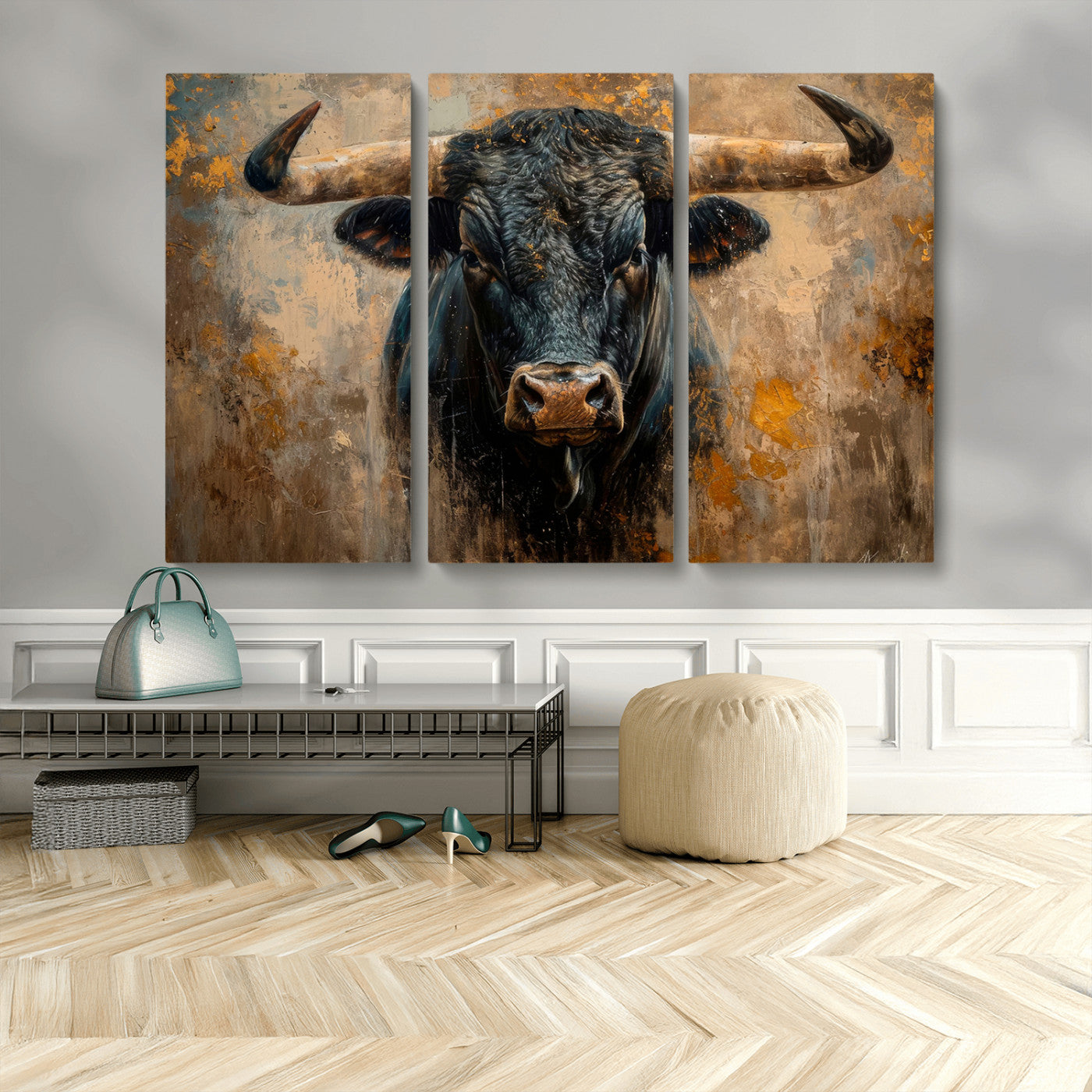 91615410-MGV-CV-36X24 - Abstract Texas Longhorn Bull Wall Art – Rustic Farmhouse Canvas Print, Western Cabin Style Decor, Large Animal Artwork for Living Room or Office