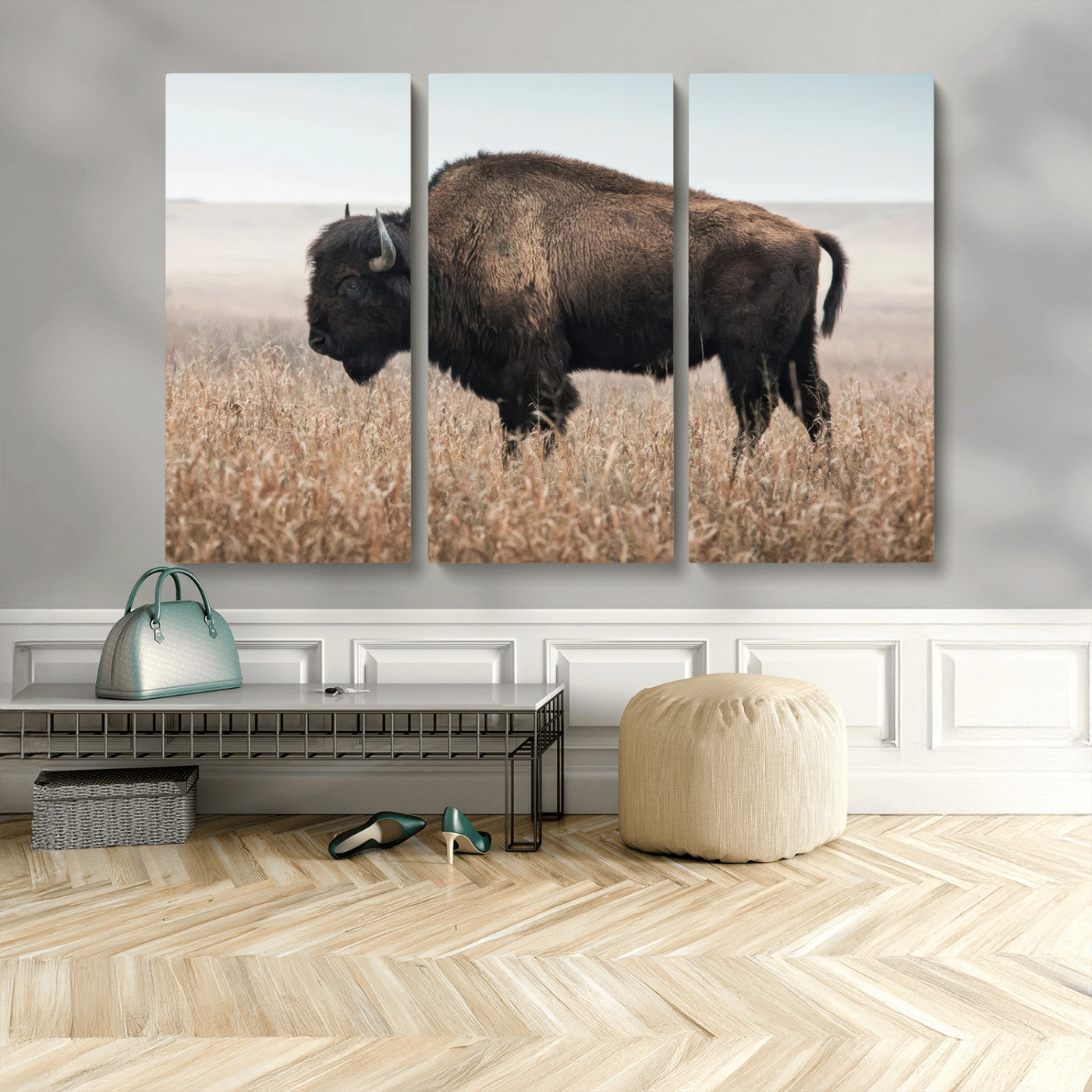 69909079-MGV-CV-48X32-3P-American Bison Field Wall Art Canvas Print – Majestic Buffalo Grazing Wide Open Plains Wildlife Artwork for Home, Office