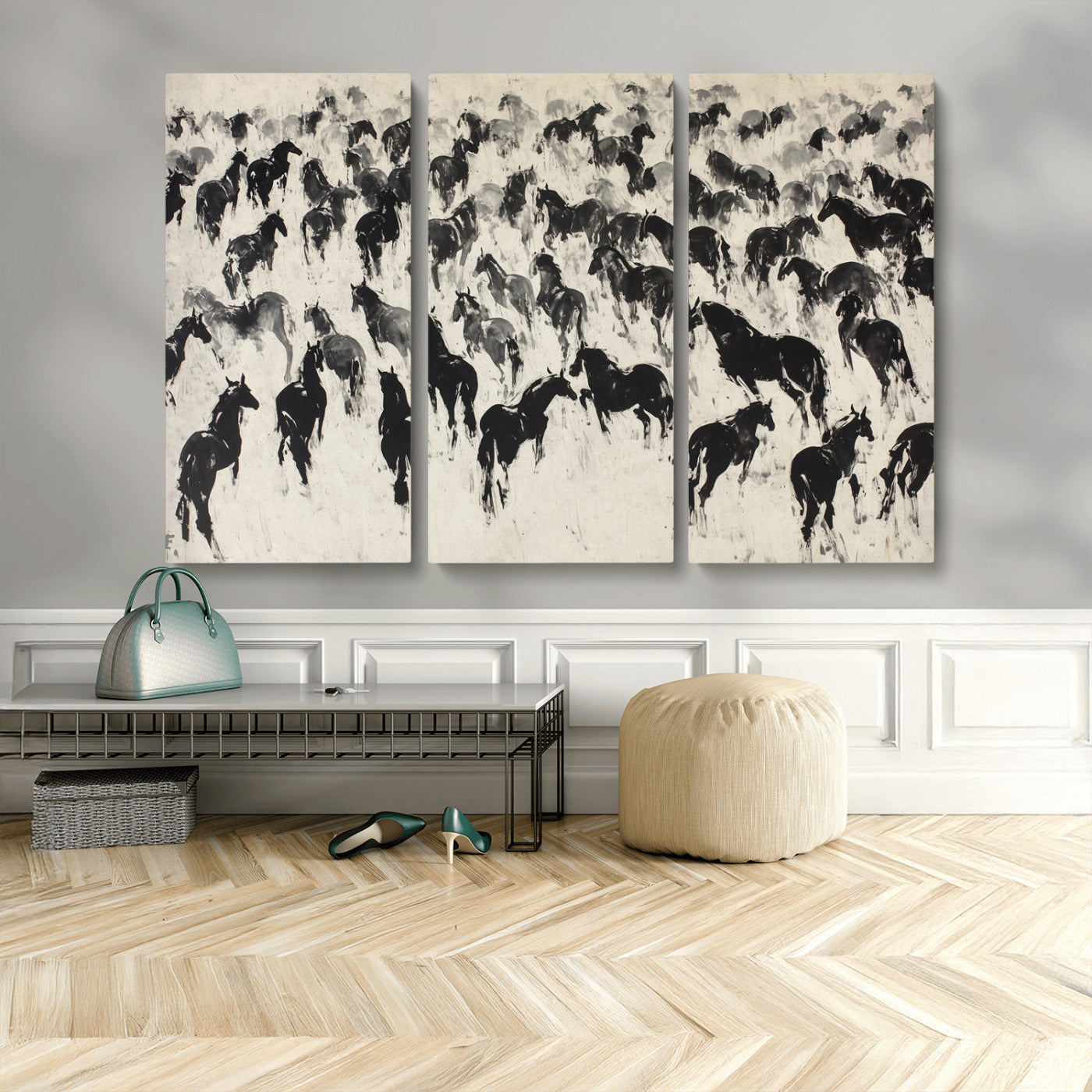 -Wild Horse Stampede Wall Art Canvas Print – Monochrome Running Horses Dynamic Motion Elegant Scene Artwork for Home, Office