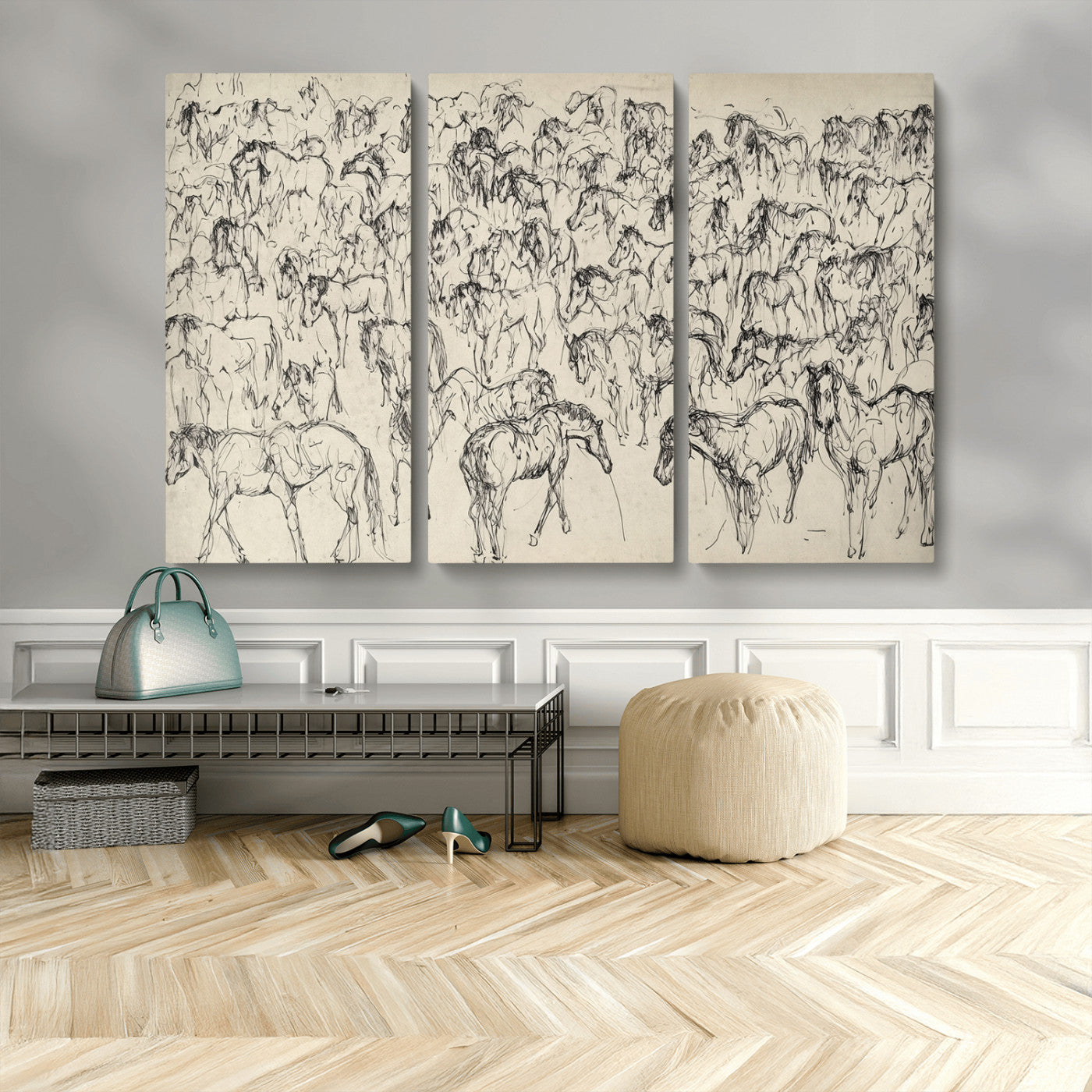 86653927-MGV-CV-48X32-3P-Wild Horse Stampede Wall Art Canvas Print – Monochrome Running Horses Dynamic Motion Elegant Artwork for Home, Office
