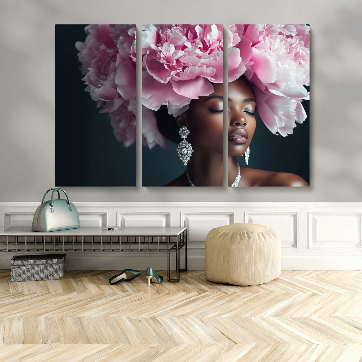35482880-MGV-CV-48X32-3P-Black Beauty Petal Crown Wall Art Canvas Print – Floral Petal Headpiece Elegant Design, Petal Inspired Artwork for Home, Office