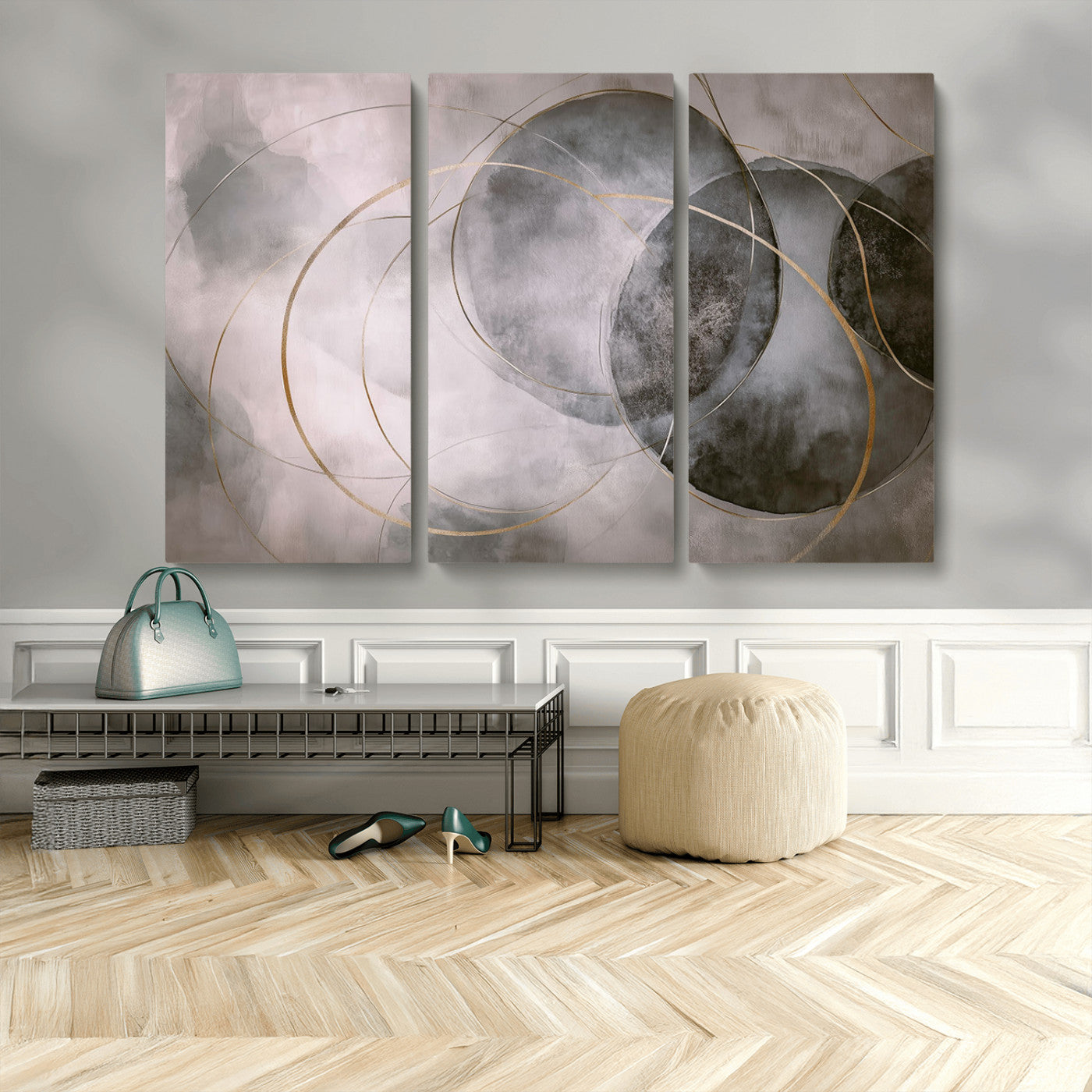 20066876-MGV-CV-48X32-3P-Abstract Grey Gold Circle Wall Art – Modern Geometric Canvas Artwork, Minimal Elegant Design, Luxury Wall Decor for Home, Office