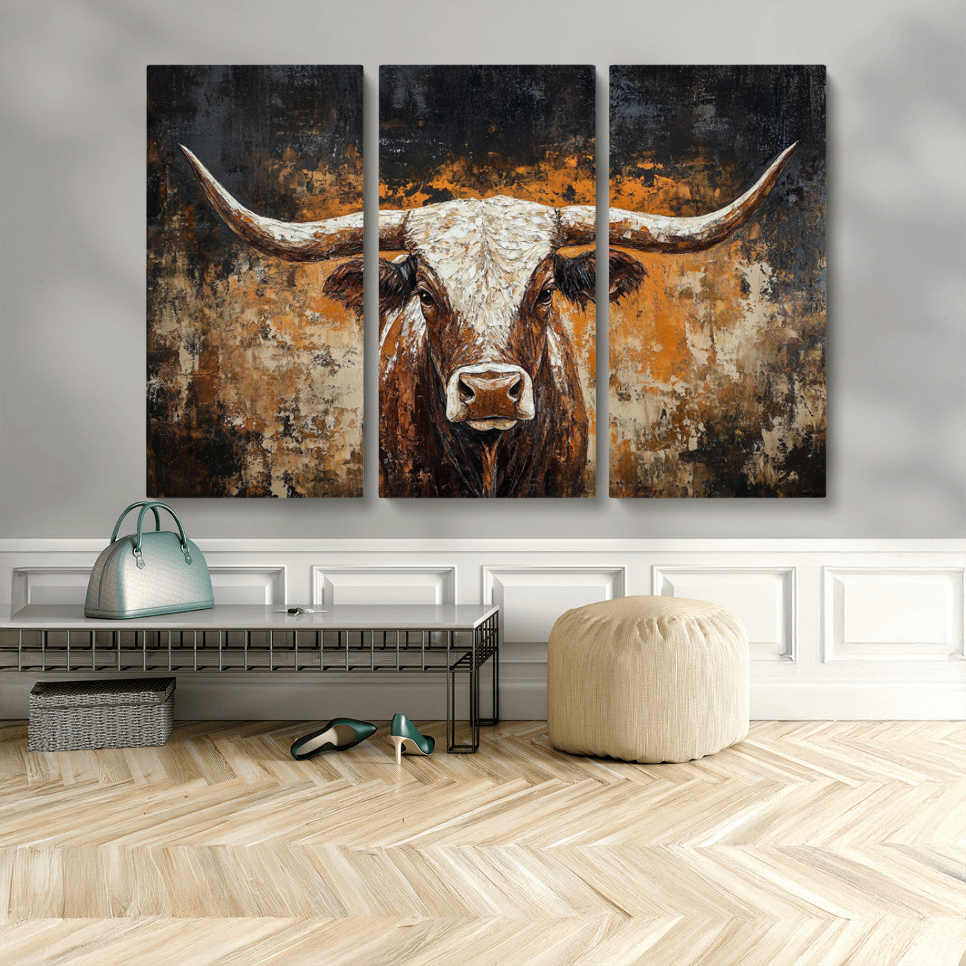 25265572-MGV-CV-48X32-3P-Rustic Longhorn Bull Wall Art Canvas Print – Vintage Western Cattle Scene, Texas Steer Artwork for Home, Office