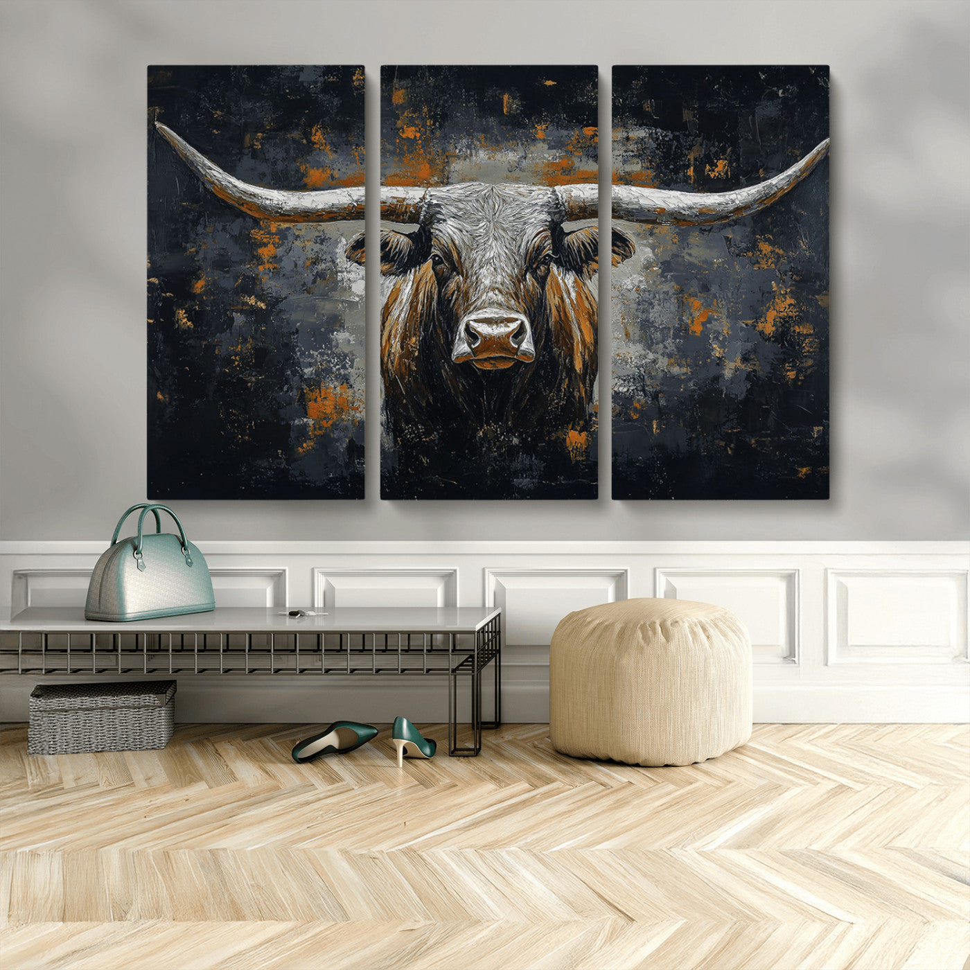 93195031-MGV-CV-48X32-3P-Rustic Longhorn Bull Wall Art Canvas Print – Vintage Western Cattle Scene, Texas Steer Artwork for Home, Office