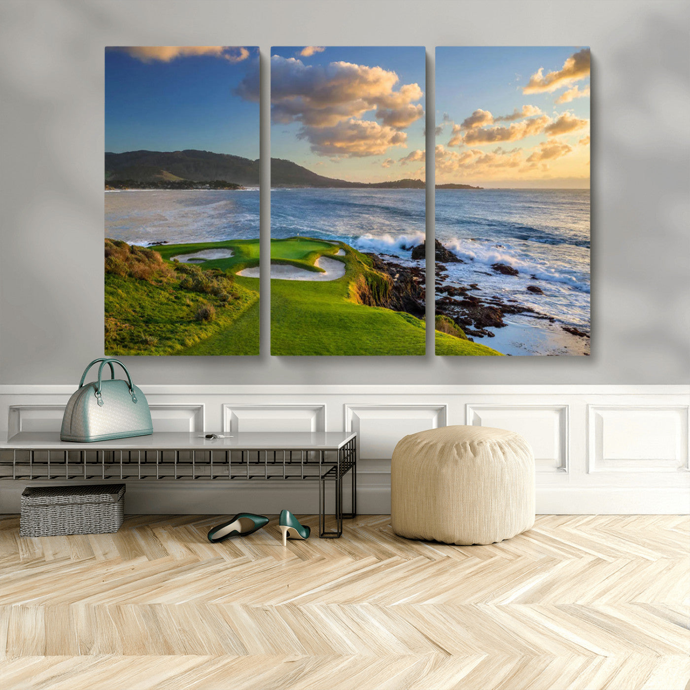 50107048-MGV-CV-48X32-3P-Pebble Beach Golf Links Wall Art Canvas Print – Iconic Coastal Golf Course Artwork for Home, Office, Living Room