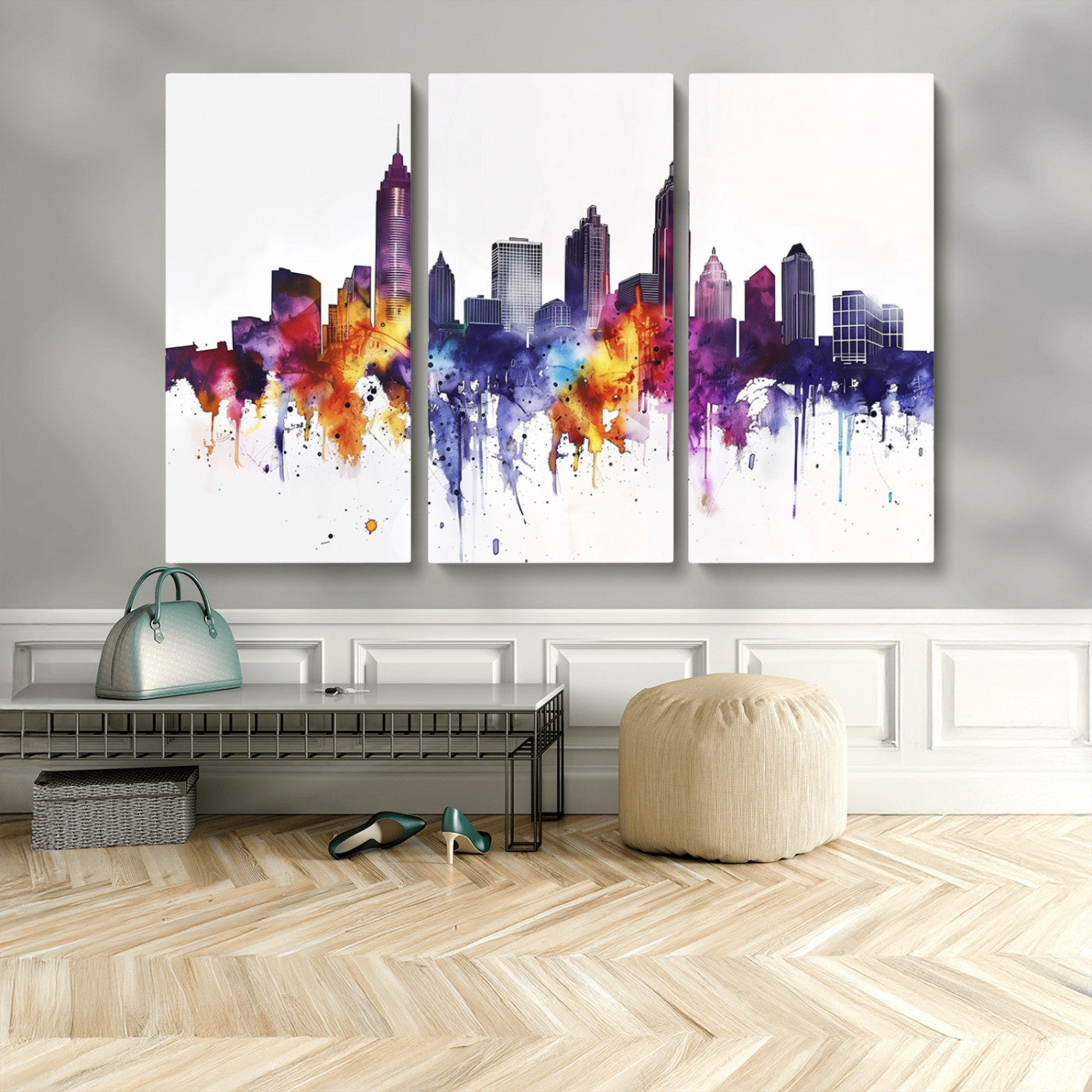 34479880-MGV-CV-48X32-3P-Atlanta Skyline Wall Art Canvas Print – Framed Colorful Watercolor Cityscape Artwork for Home, Office, Living Room