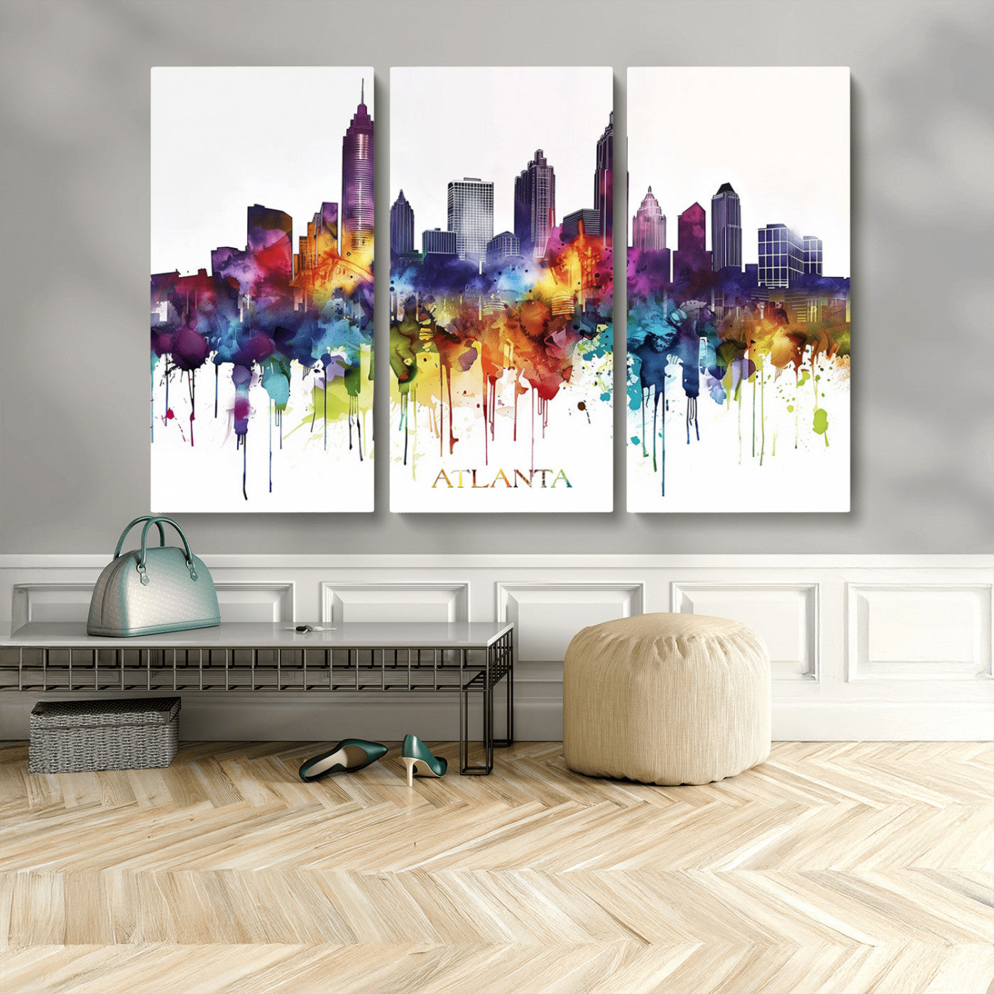 36048320-MGV-CV-48X32-3P-Atlanta Skyline Wall Art Canvas Print – Framed Colorful Watercolor Cityscape Abstract Urban Artwork for Home, Office