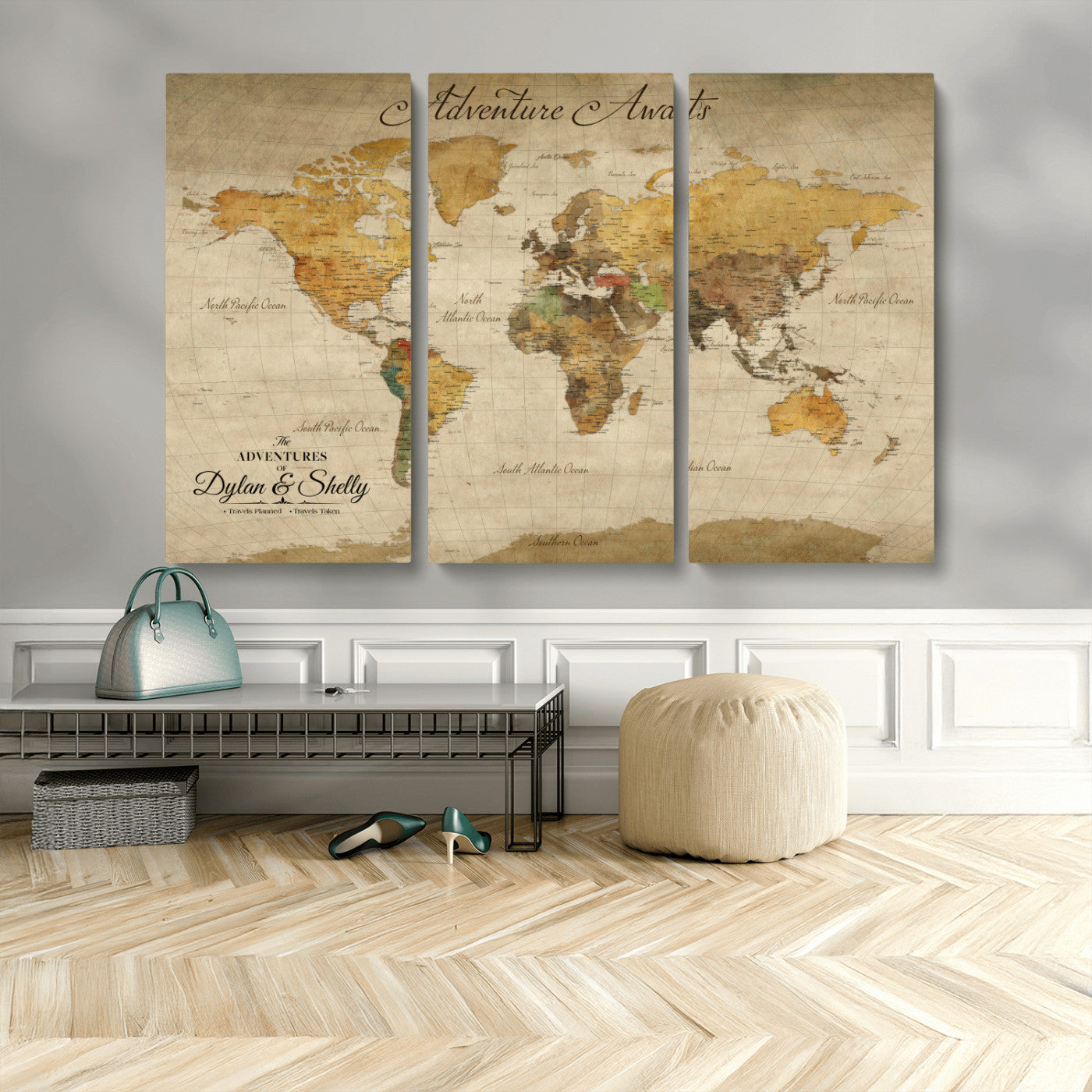 Rehber01-MGV-CV-36X24-Personalized World Map Canvas – Custom Framed Push Pin Travel Map Wall Art, Rustic Vintage Gift for Couples and Travel Lovers