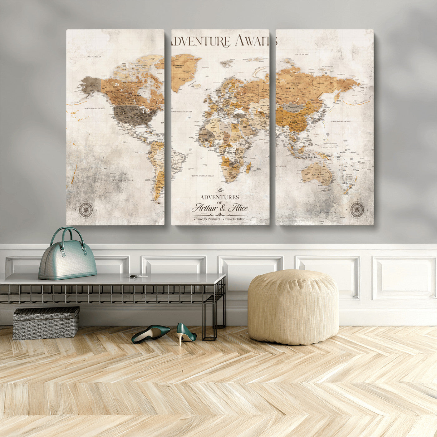 Rehber01-MGV-CV-36X24-Personalized World Map Canvas Print – Custom Push Pin Travel Map Vintage Neutral Style Gift for Couples Travelers for Home Office