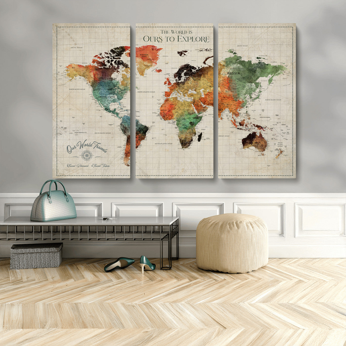 Rehber01-MGV-CV-36X24-Custom Push Pin World Map Wall Art Canvas Print – Personalized Travel Tracker Map Framed Artwork for Home Office