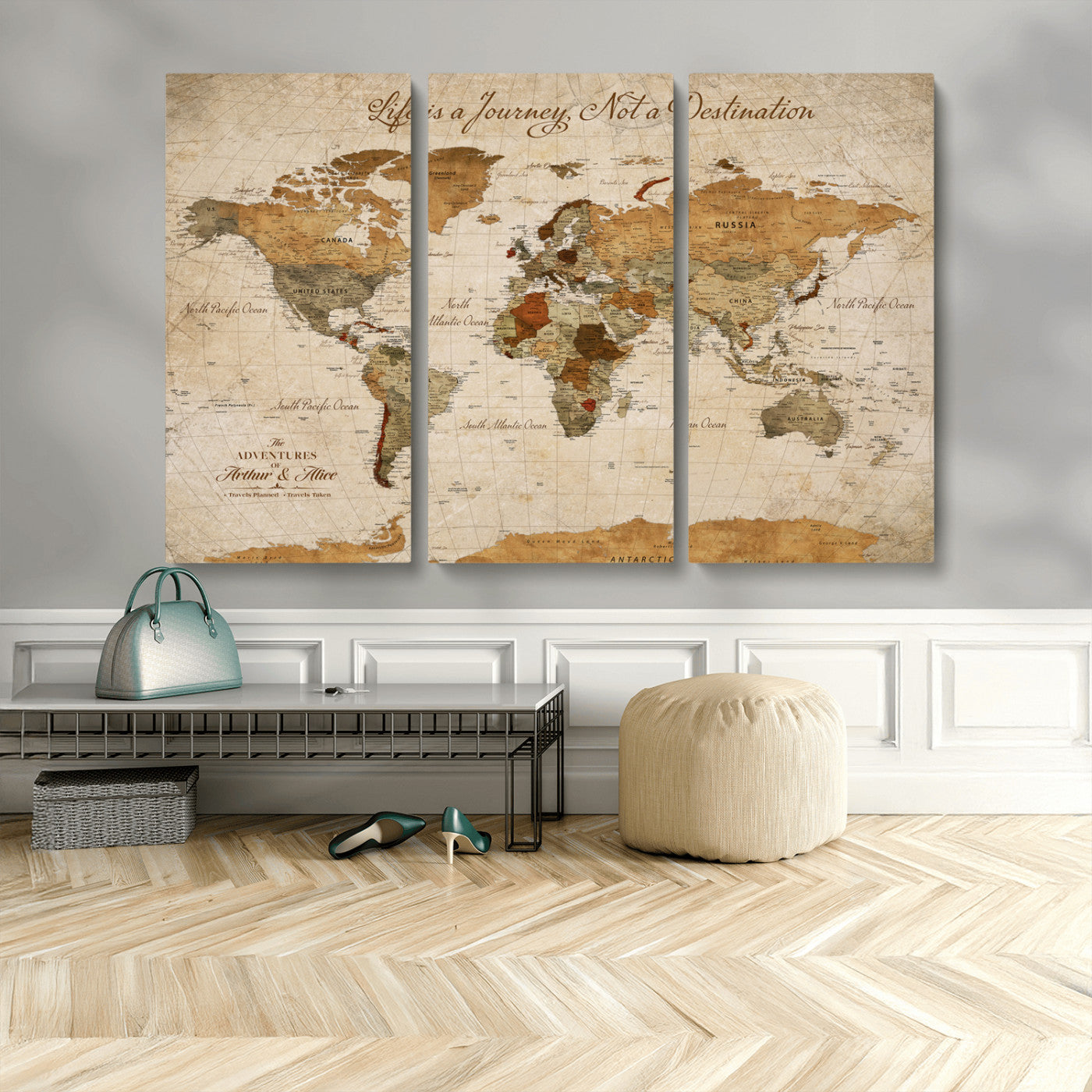 Rehber01-MGV-CV-36X24-Personalized Vintage World Map Canvas – Custom Framed Push Pin Travel Map Wall Art, Rustic Gift for Couples and Travel Lovers