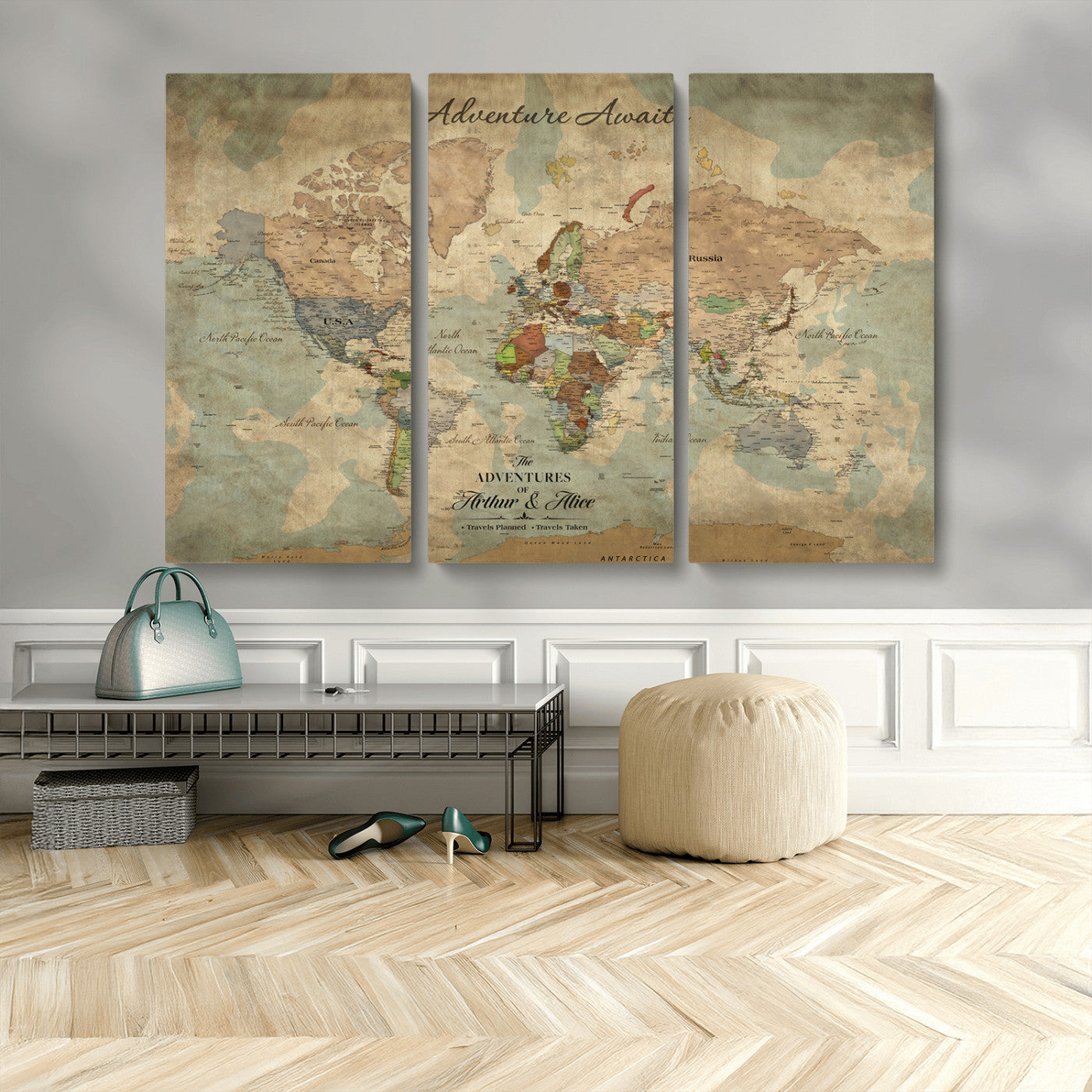 Rehber01-MGV-CV-36X24-Personalized Vintage World Map Canvas Print – Custom Push Pin Travel Map Antique Style Gift for Couples Travelers for Home Office
