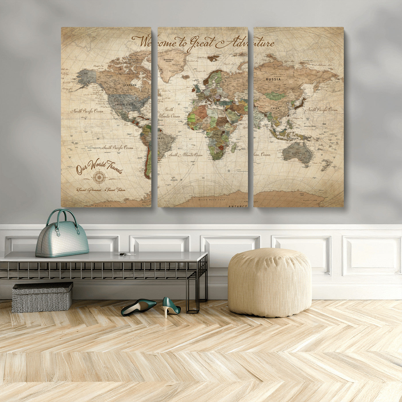 -Personalized Antique World Map Canvas Print – Custom Push Pin Travel Tracker Vintage Adventure Gift for Couples for Home, Office