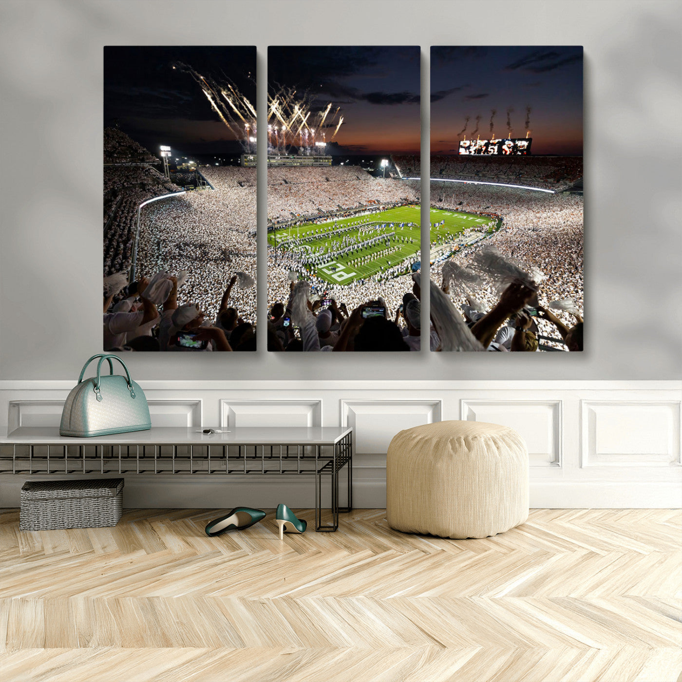 11221988-MGV-CV-48X32-3P - Epic Night Football Stadium Wall Art Canvas Print, Fireworks and Crowd Energy Game Day Excitement Decor for Home, Office