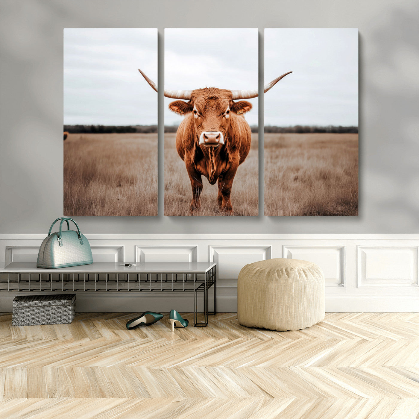 16316734-MGV-CV-48X32-3P - Longhorn bull, open field, rustic charm, natural beauty, Wall Art Canvas Print, countryside,