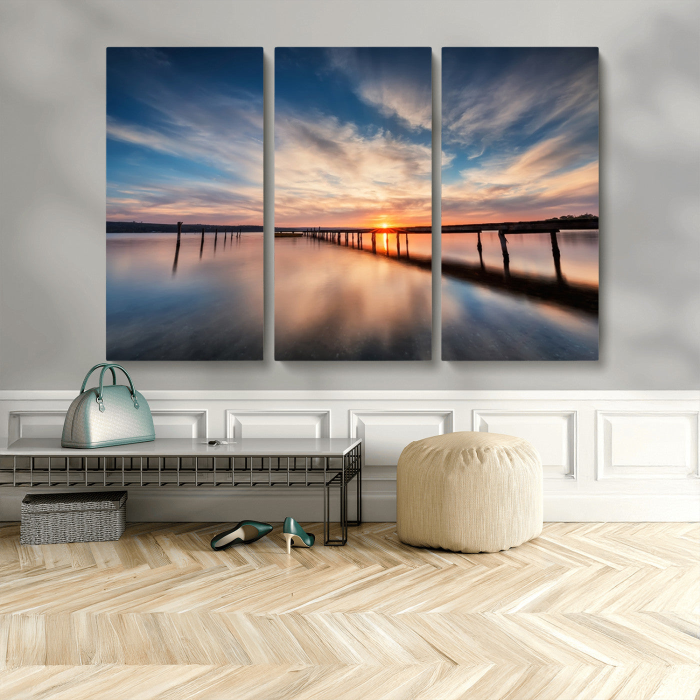39967-MGV-CV-48X32-3P-Wooden Pier on Seascape and Sunset Wall Art Canvas Print
