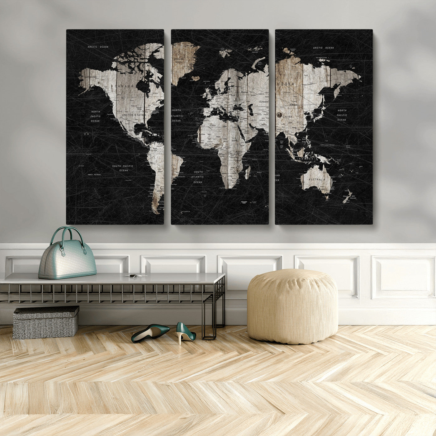 89998-MGV-CV-36X24-Rustic Black and Wood World Map Canvas Wall Art – Framed Push Pin Travel Map for Home and Office Decor, Modern Vintage Wall Artwork