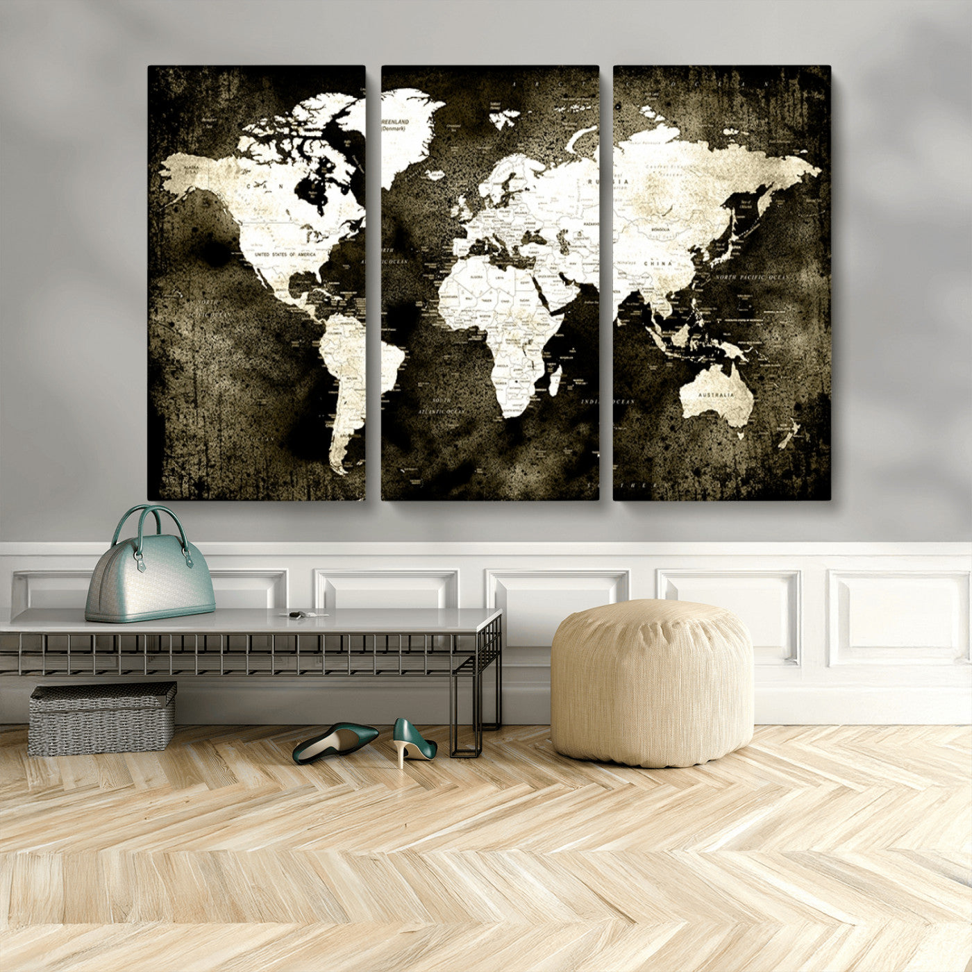 66737-MGV-CV-48X32-3P-Vintage World Map Canvas Wall Art – Framed Push Pin Travel Map for Home and Office Decor, Rustic Wall Artwork for Travelers
