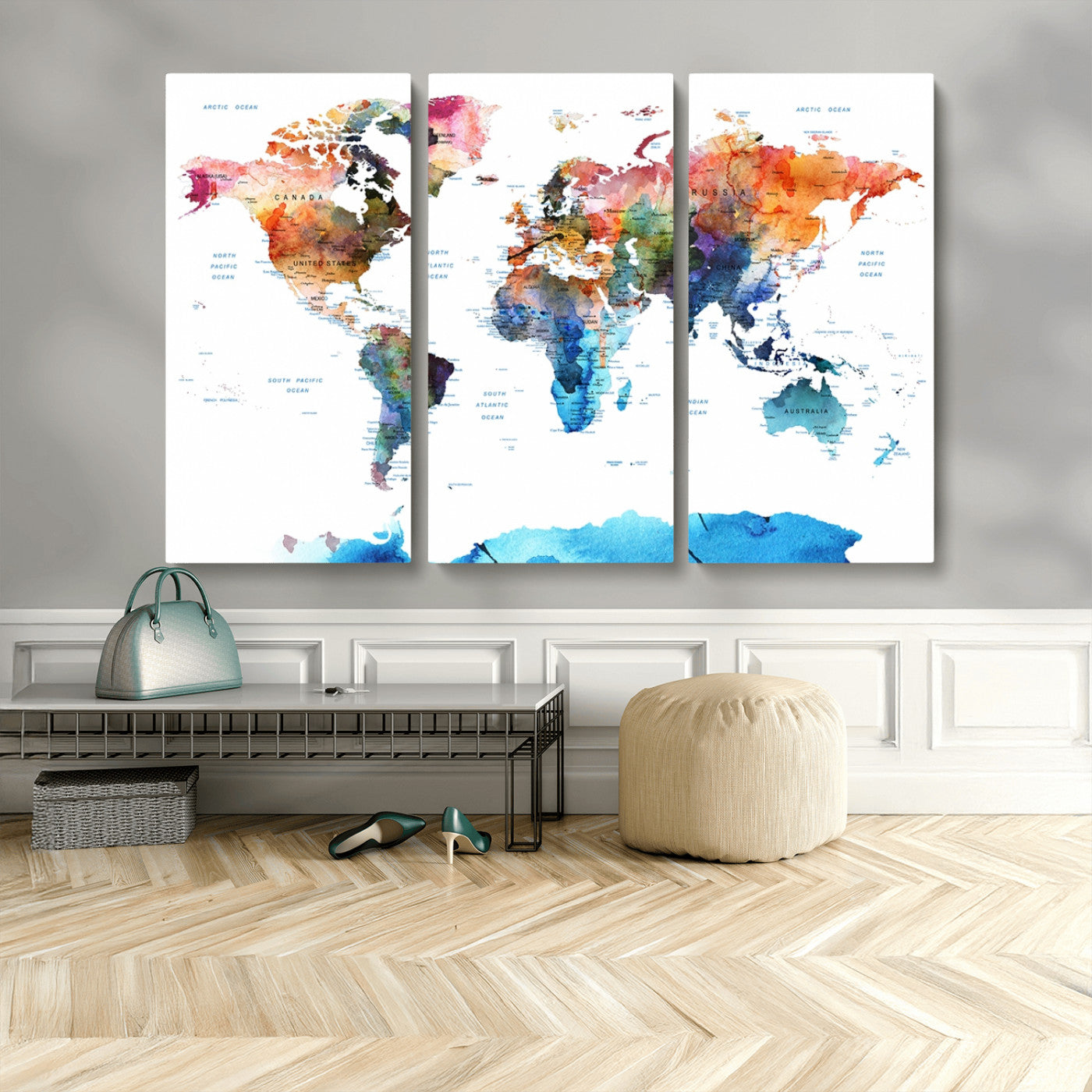 11576-MGV-CV-36X24-Vibrant Watercolor World Map Canvas Wall Art – Framed Push Pin Travel Map for Home and Office Decor, Modern Colorful Wall Artwork