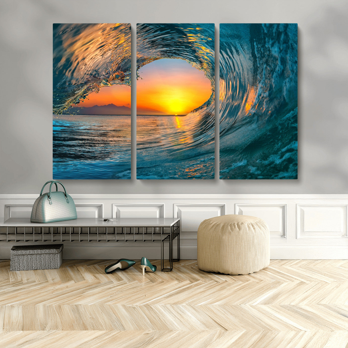 84279-MGV-CV-48X32-3P-Ocean Wave Sunset Wall Art | Large Coastal Wave Canvas Print | 3-Panel Ocean Sunset Seascape for