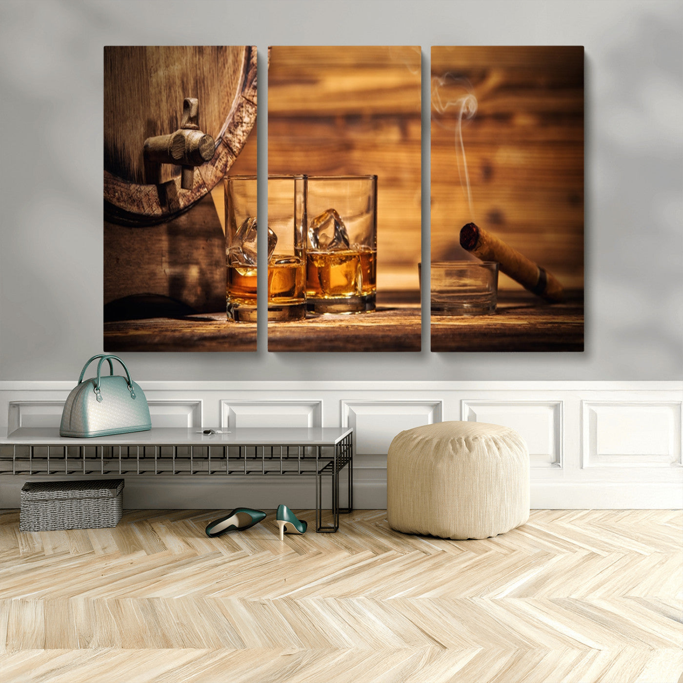 96798-MGV-CV-48X32-3P-Rustic Whiskey and Barrel Canvas Print