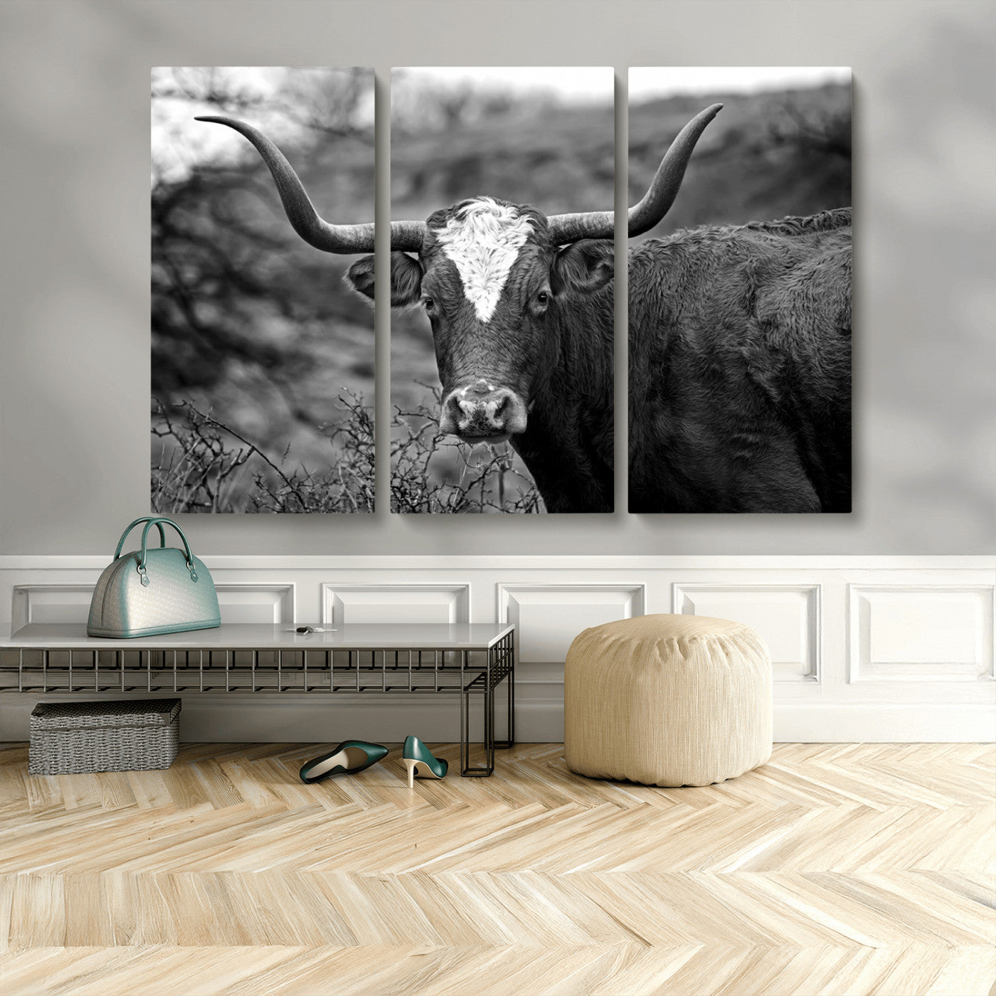 76200-MGV-CV-48X32-3P-Western Home Wall Art Canvas Print, Framed Texas Longhorn Art Picture Print, Rustic Cow Perfect Rustic Farmhouse Decor Artwork