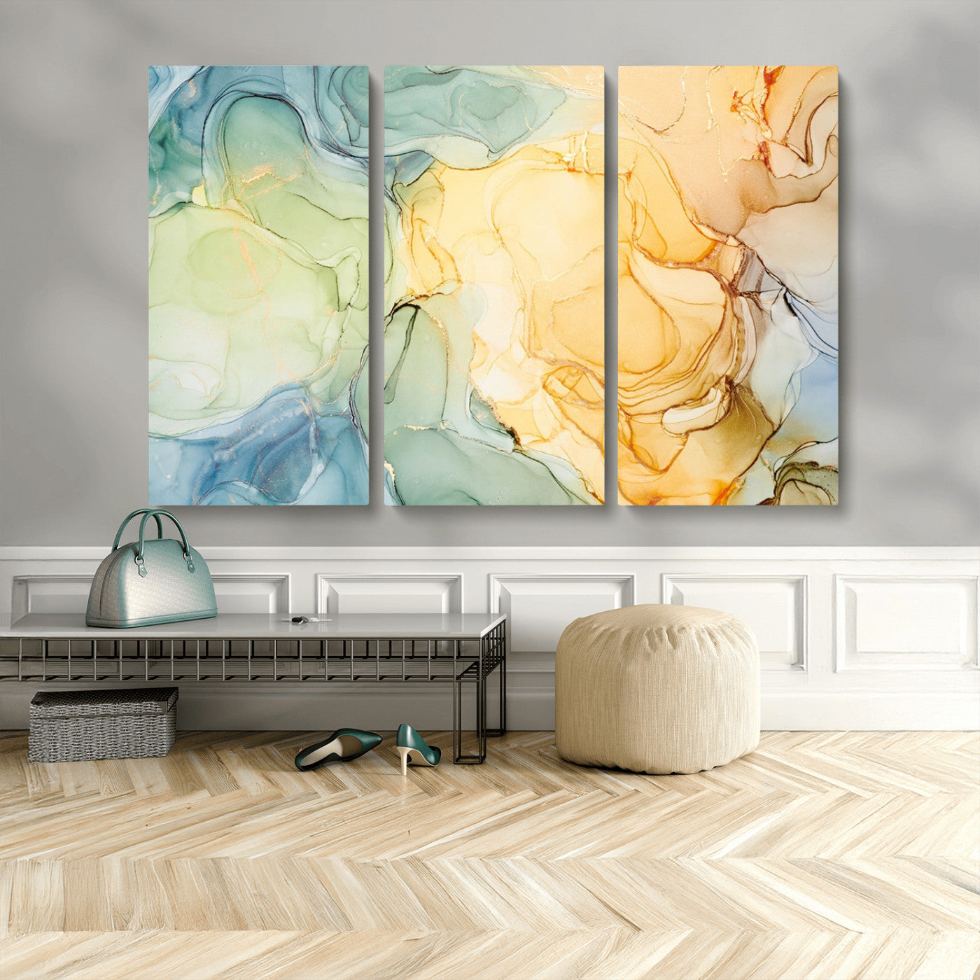 42195-MGV-CV-48X32-3P-Green and Yellow Marble Fluid Effect Wall Art, Green and Yellow Marble Canvas Wall Art Print