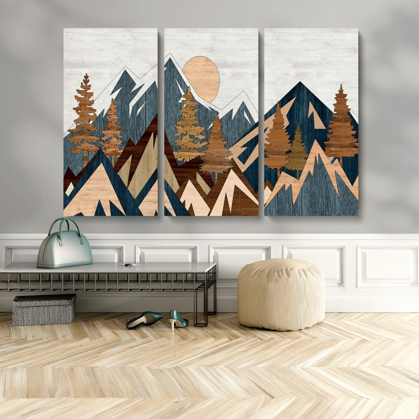 91467-MGV-CV-36X24-Abstract Wood Panel Effect Mountain Range Top Wall Art Canvas Print
