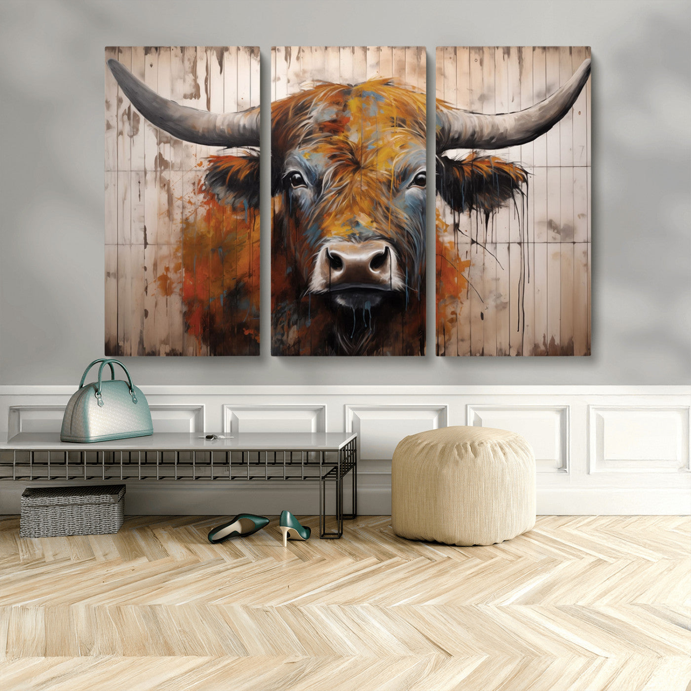 47284-MGV-CV-36X24-Scottish Highland Cow Cattle Art Print on Wood Style Background