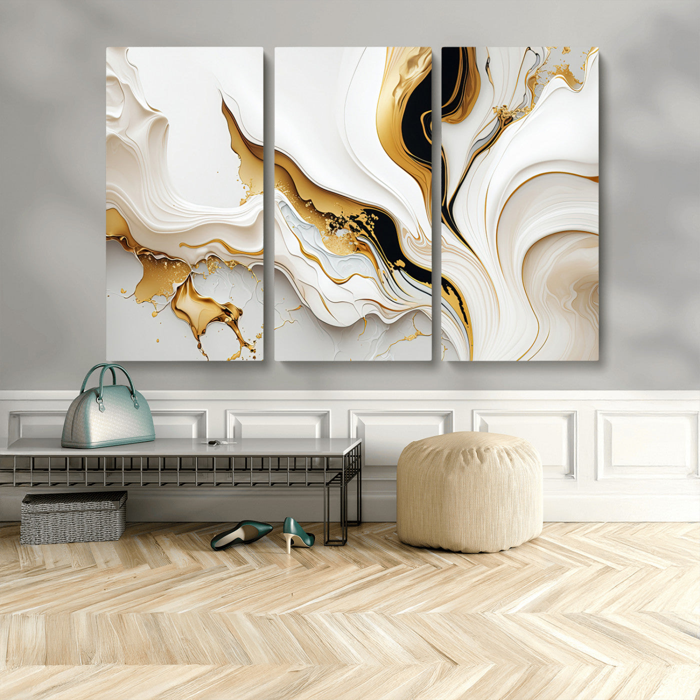 98637-MGV-CV-48X32-3P-Gold Waves on Pure White Canvas – Gold Abstract Art for Modern Interiors | Wall Art Canvas, Framed &