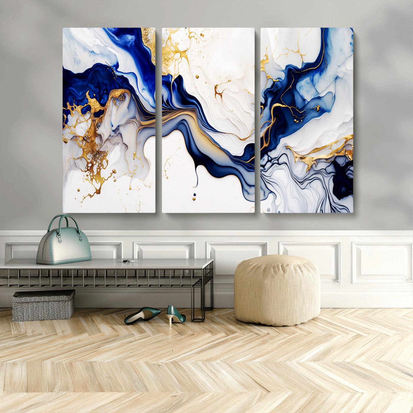 93392-MGV-CV-48X32-3P-Golden Cascades on Midnight Blue – Deep Blue Abstract Wall Art Flowing Elegance | Wall Art Canvas,
