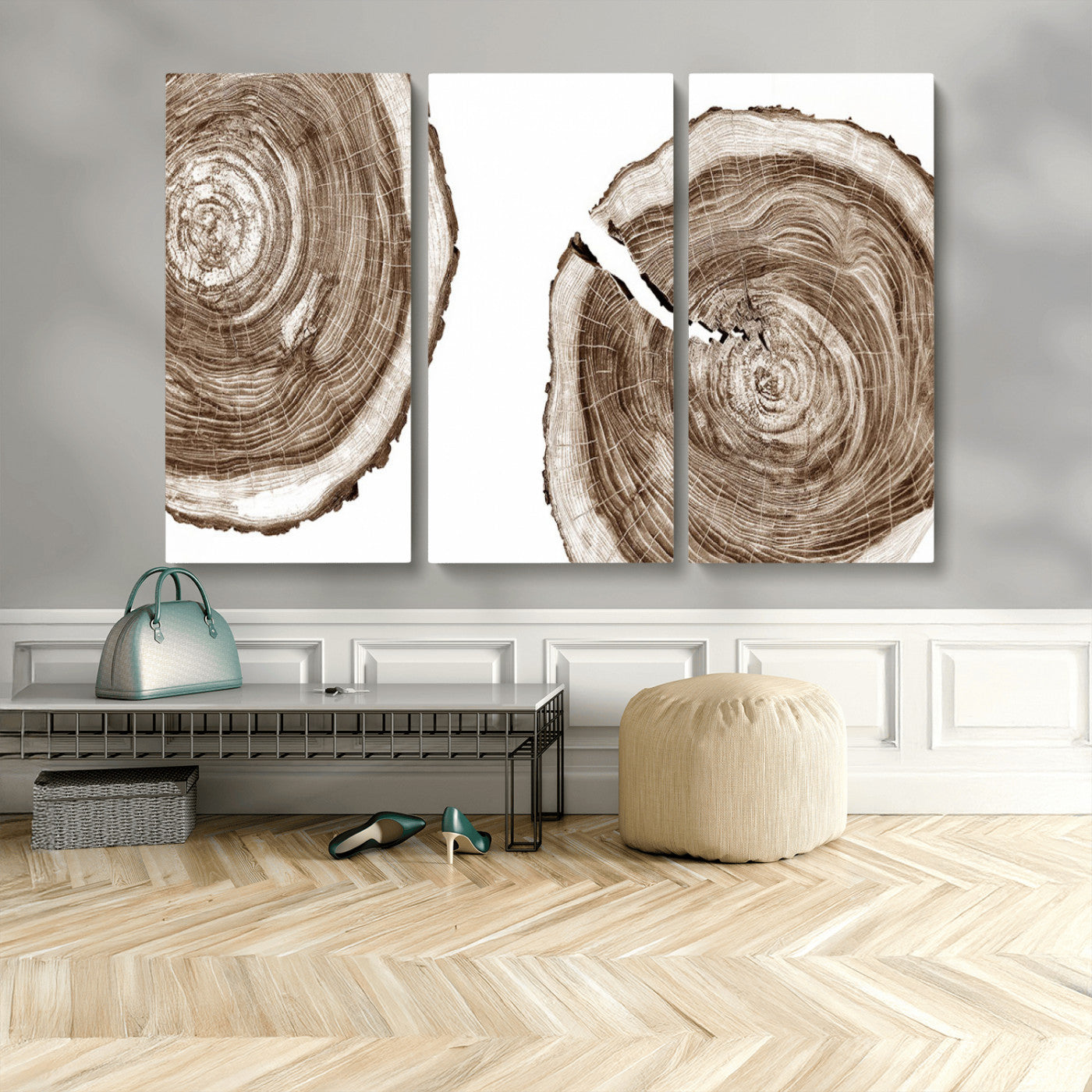 43743-MGV-CV-48X32-3P-Wood Tree Ring Wall Art Canvas Prints, Tree Rings – Minimalist Black and White Wood Art | Triptych