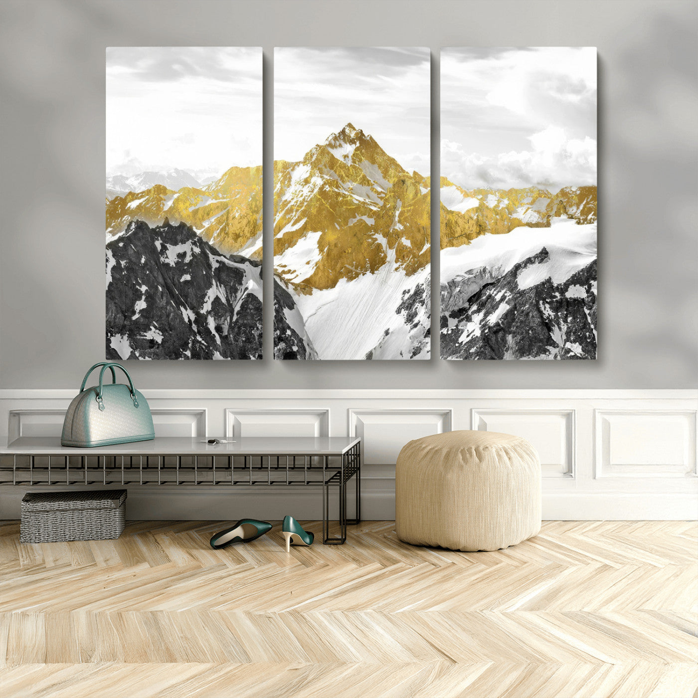 32102-MGV-CV-48X32-3P-Gold Abstract Mountains Wall Art Print on Canvas, Nature Wall Art Print,