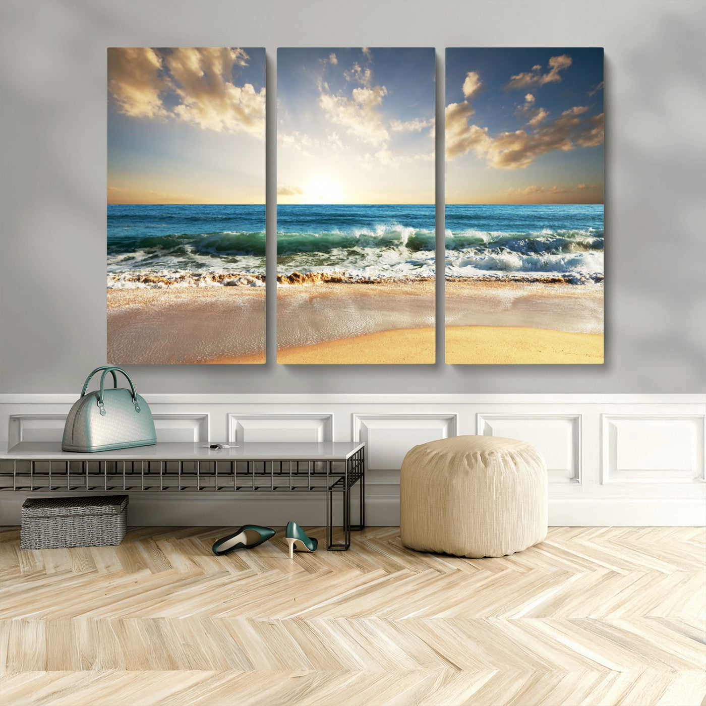 83376-MGV-CV-48X32-3P-Golden Sunset Beach Triptych Canvas Wall Art for Living Room – 3-Panel Ocean View, Framed & Ready to