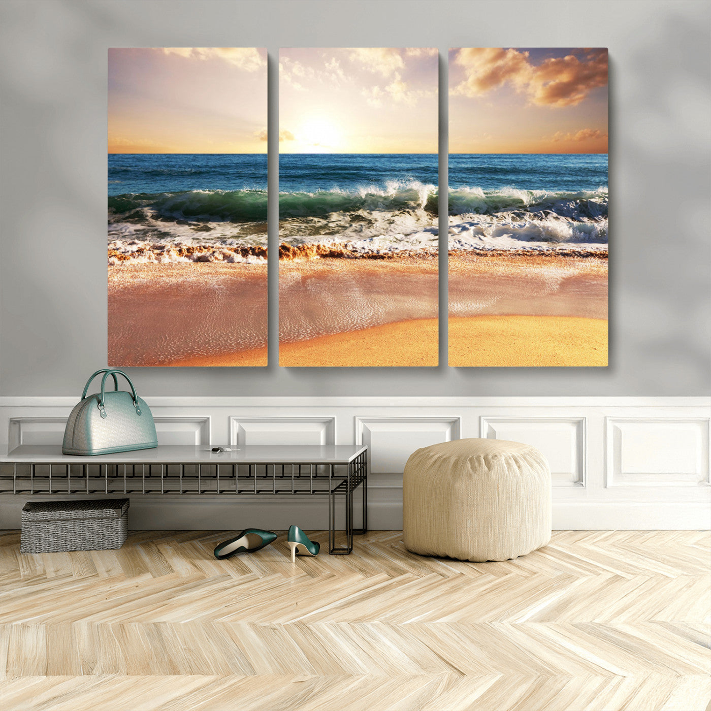 42011-MGV-CV-36X24-Sunset Beach Wall Art - 3-Panel Framed Canvas Print, Ready to Hang Ocean Sunset for Coastal and