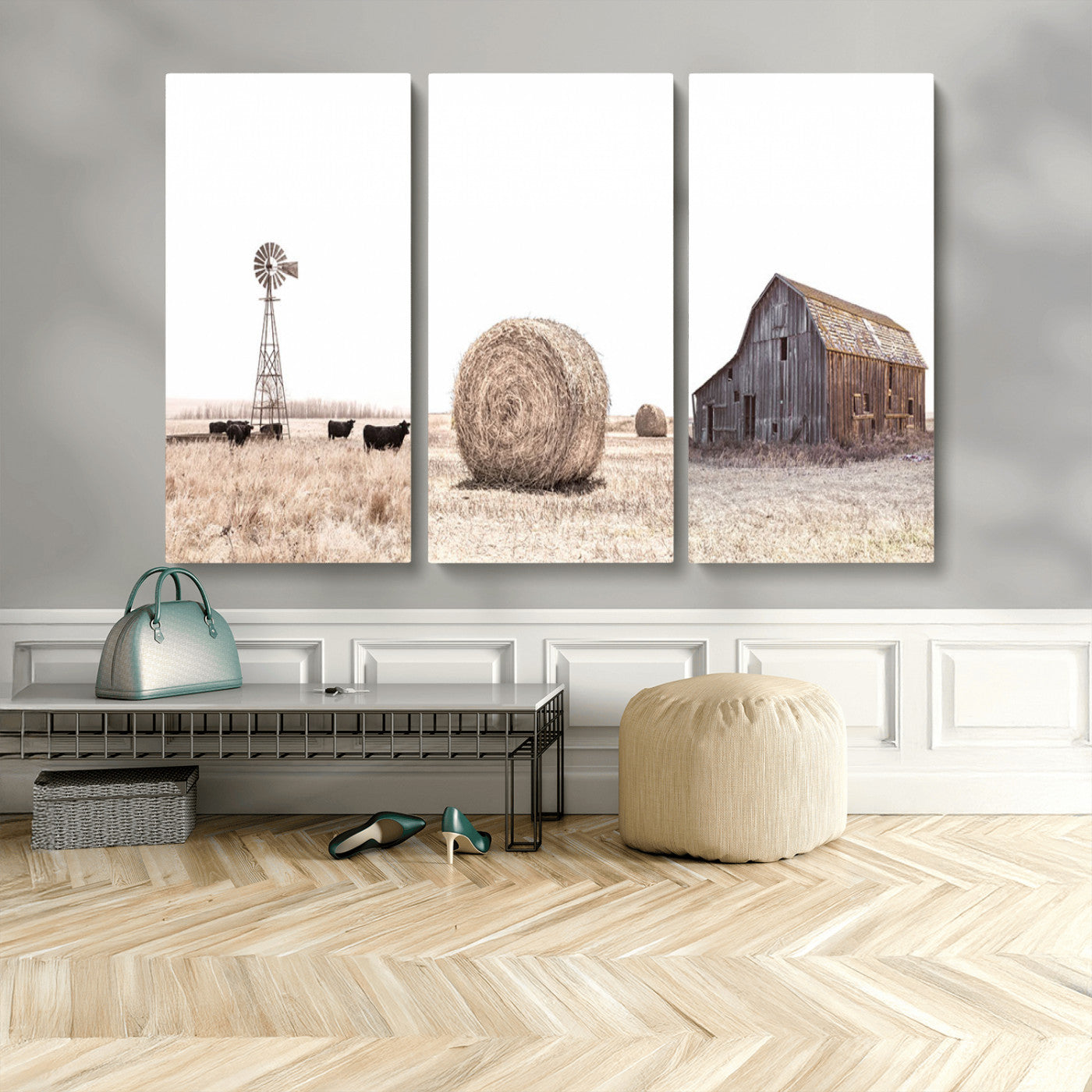30918-MGV-CV-48X32-3P-Rustic Farmhouse Wall Art Set of 3 – Country Barn and Wheat Field | Farm Prints for Country Home and