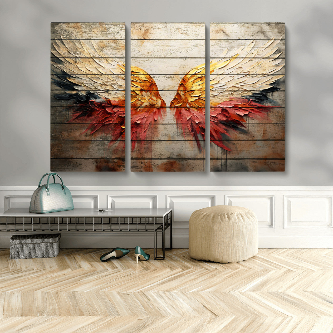 19244-MGV-CV-48X32-3P-Abstract Angel Wings Canvas Wall Art – Framed and Ready to Hang Modern Angelic Wings Decor for