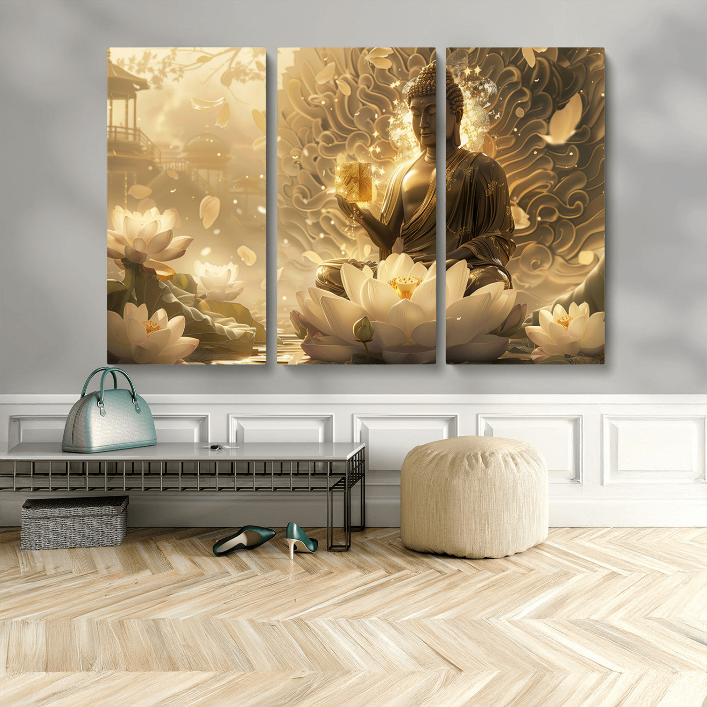 31364-MGV-CV-48X32-3P-Golden Buddha Wall Art | Yoga Room Decor and Meditation Room Wall Art | Framed and Ready to Hang