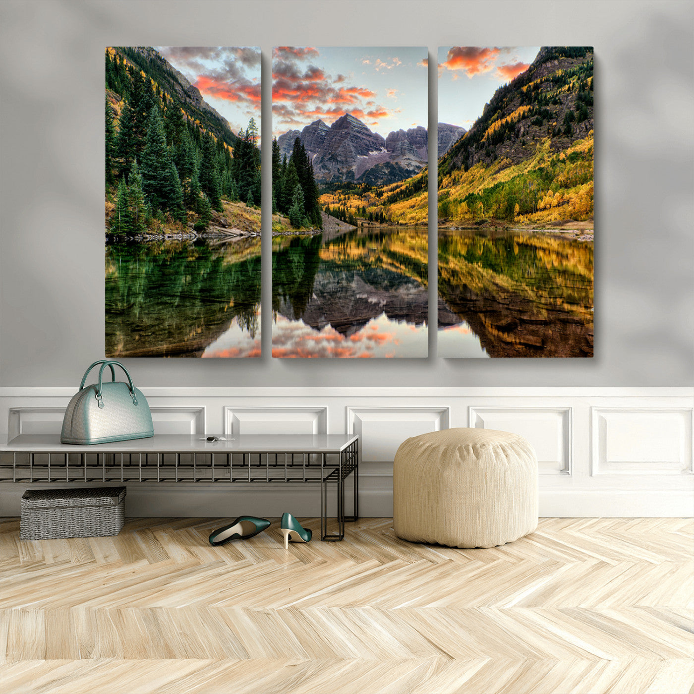 14376-MGV-CV-48X32-3P-Maroon Bells Wall Art - Scenic Canvas Print of Maroon Bells in Autumn for Elegant Home or Office