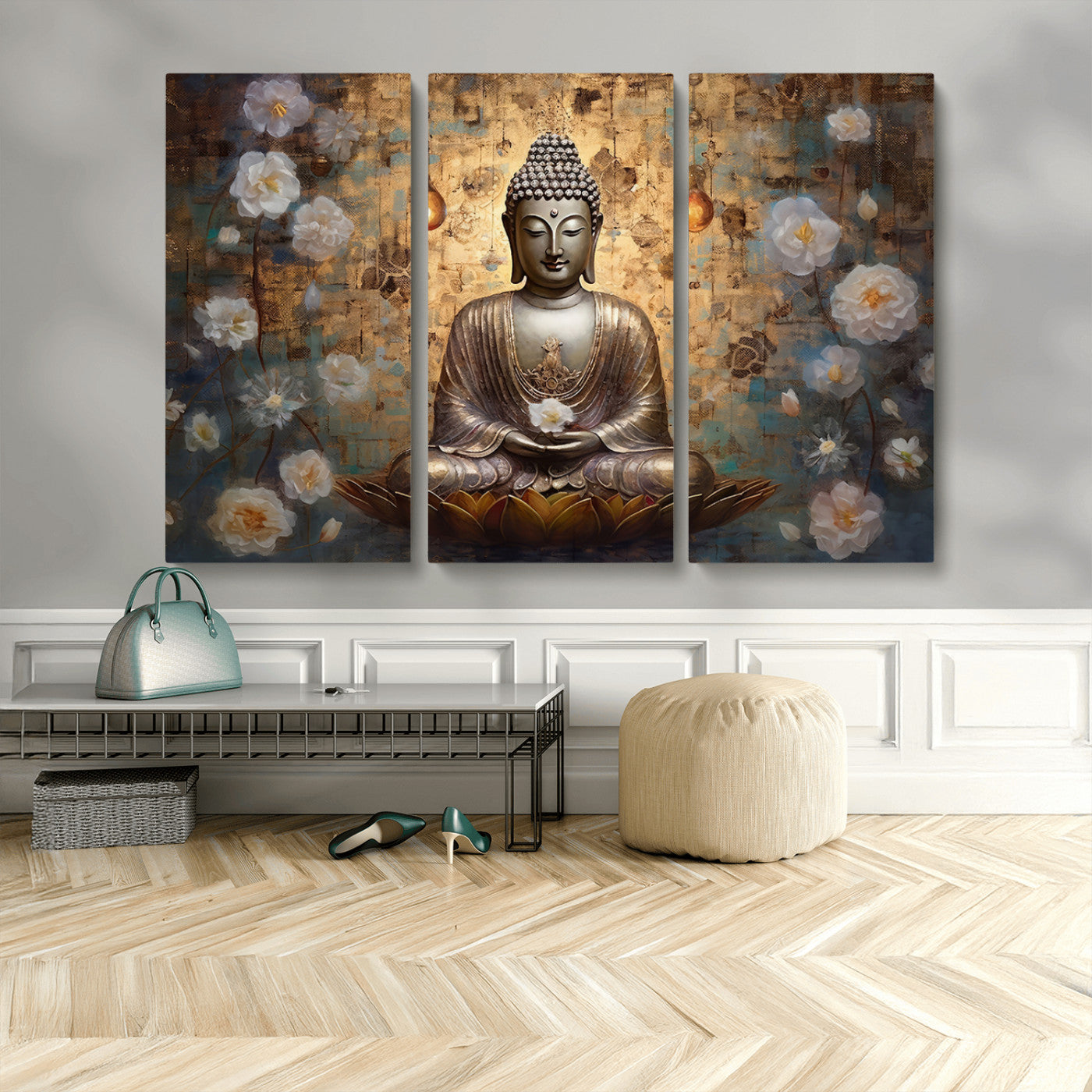 59678-MGV-CV-48X32-3P-Golden Buddha Wall Art Canvas Print | Zen Meditation Floral Decor | Tranquil Spiritual Home Art |
